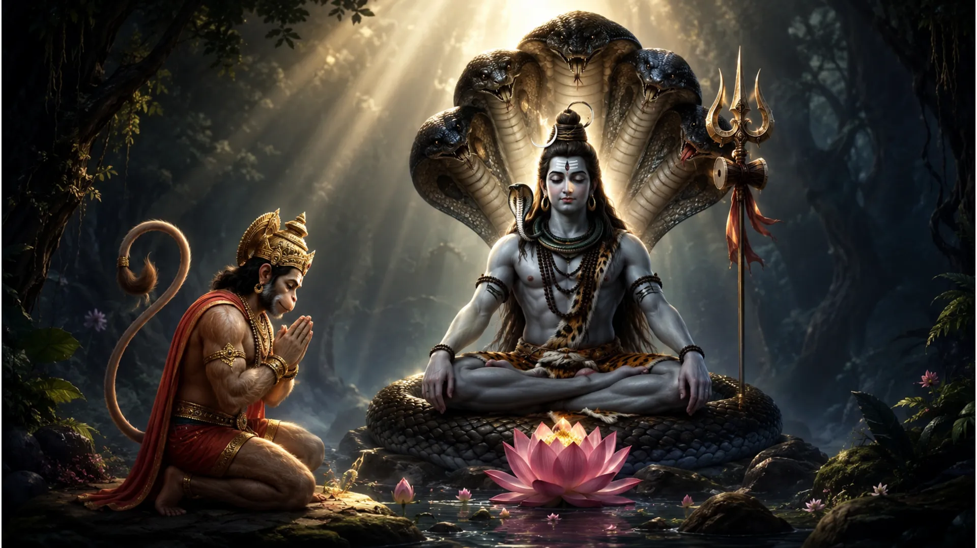 Lord Shiva seated in meditation under a giant multi-headed serpent while Hanuman kneels in prayer beside a lotus.