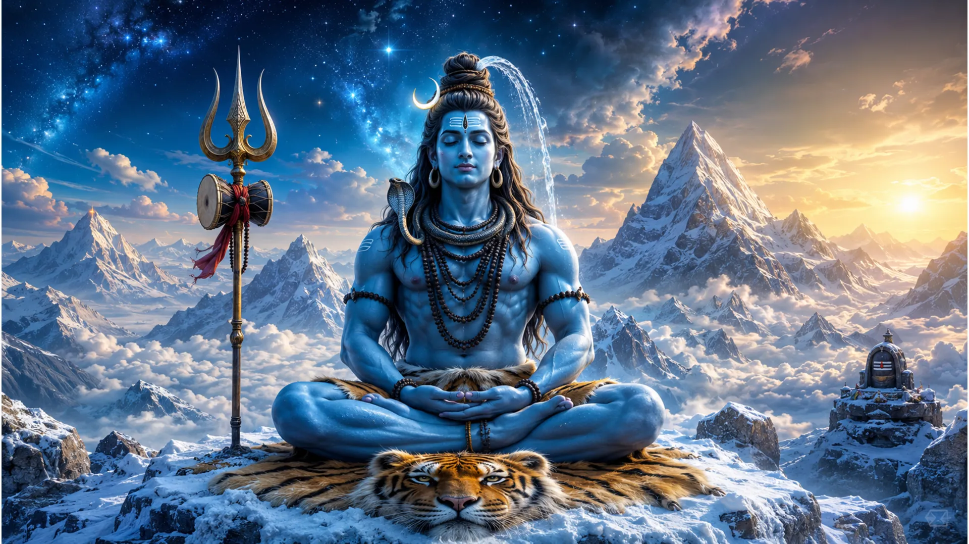 Lord Shiva meditating in the snow-covered Himalayan peaks in Full HD 1080p resolution.