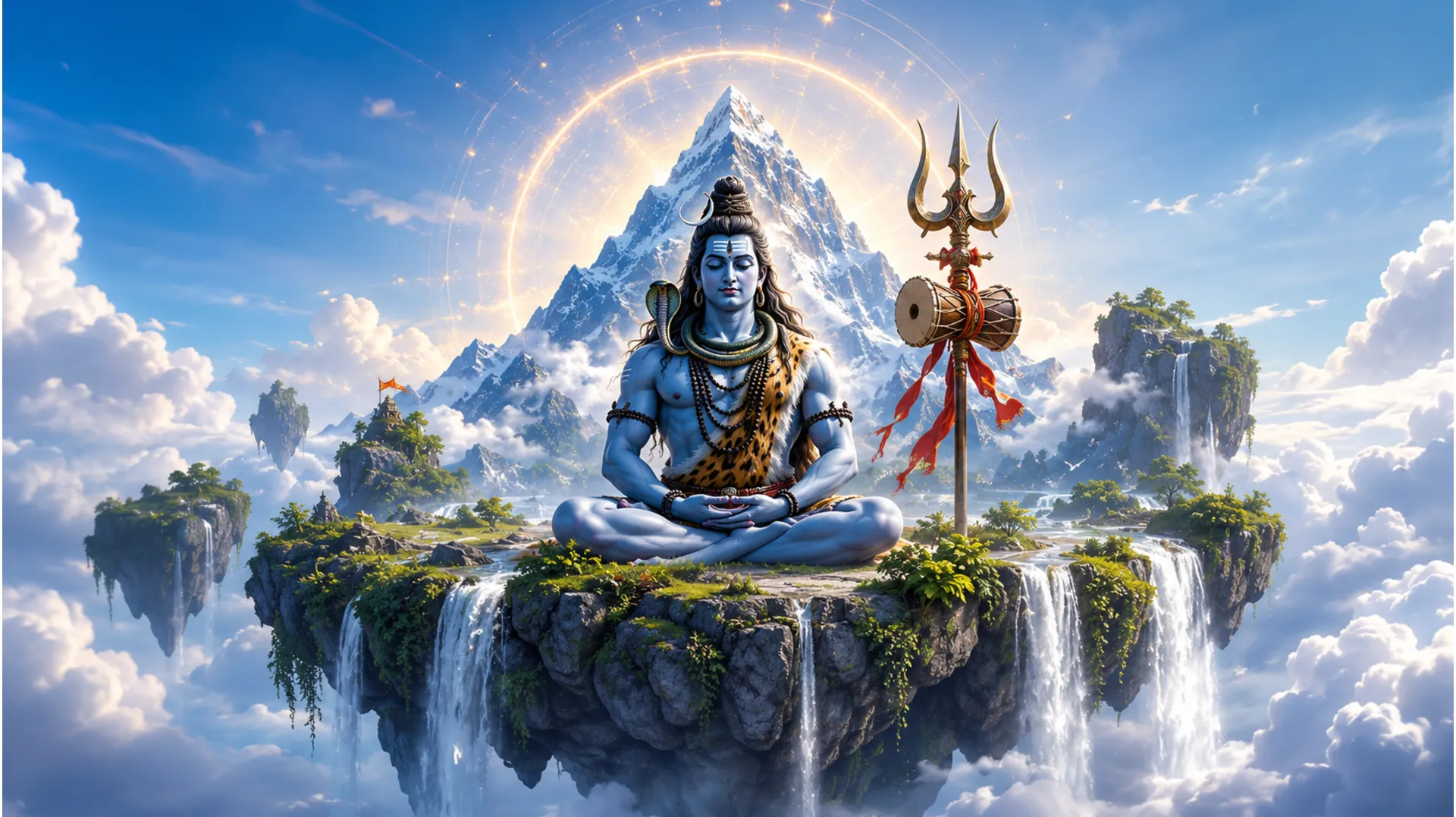 Lord Shiva meditating on a floating mountain island surrounded by clouds and waterfalls.