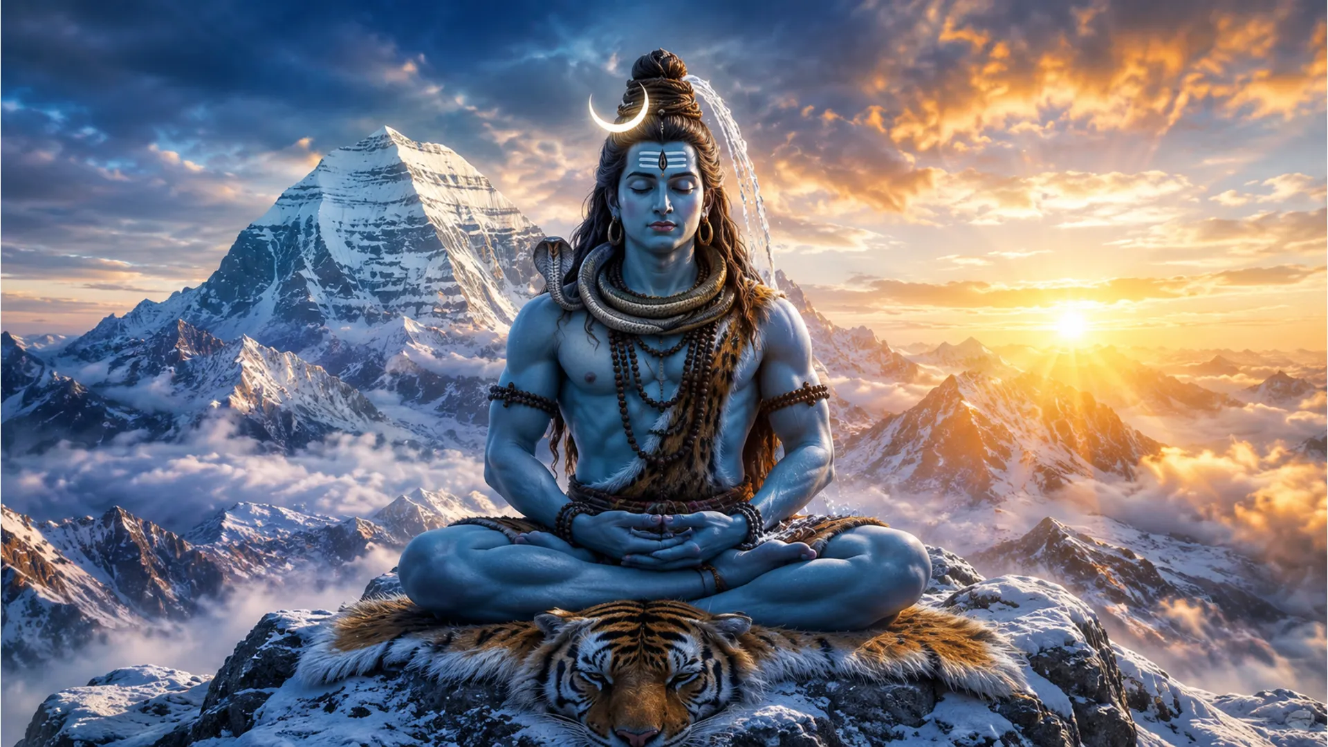 Lord Shiva in deep meditation on snowy Mount Kailash high resolution 1080p HD wallpaper.