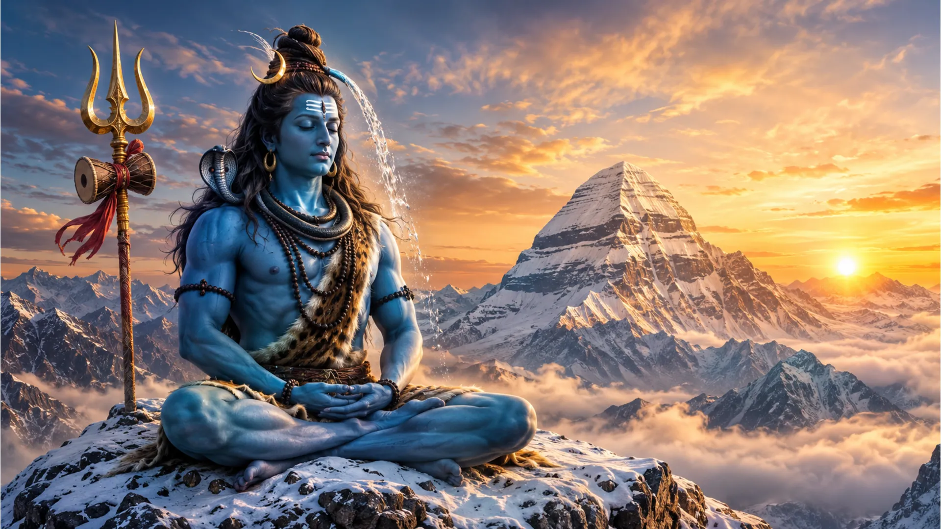 Lord Shiva meditating peacefully on the snow-covered peaks of Mount Kailash in full HD 1080p resolution.