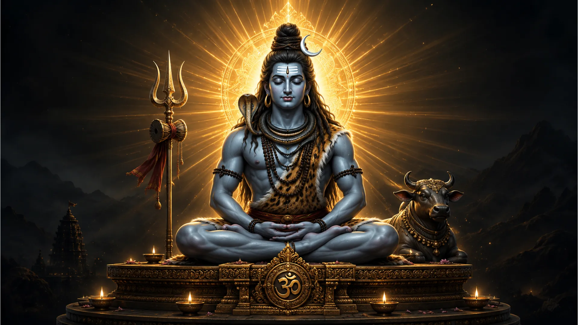 Lord Shiva seated in meditation on a decorated pedestal with golden rays behind him