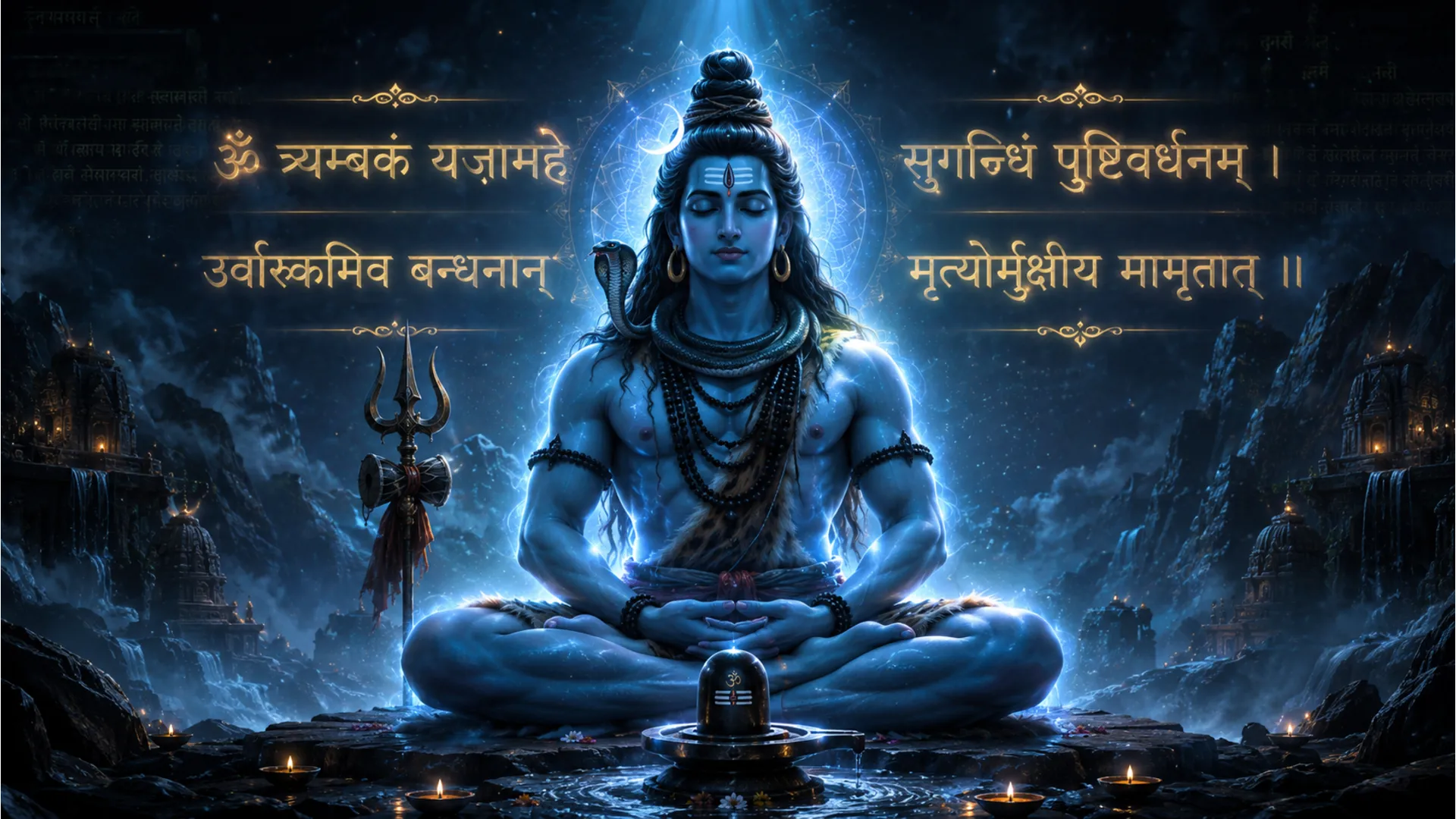Lord Shiva in meditation with glowing Mahamrityunjaya Mantra text background 1080p HD