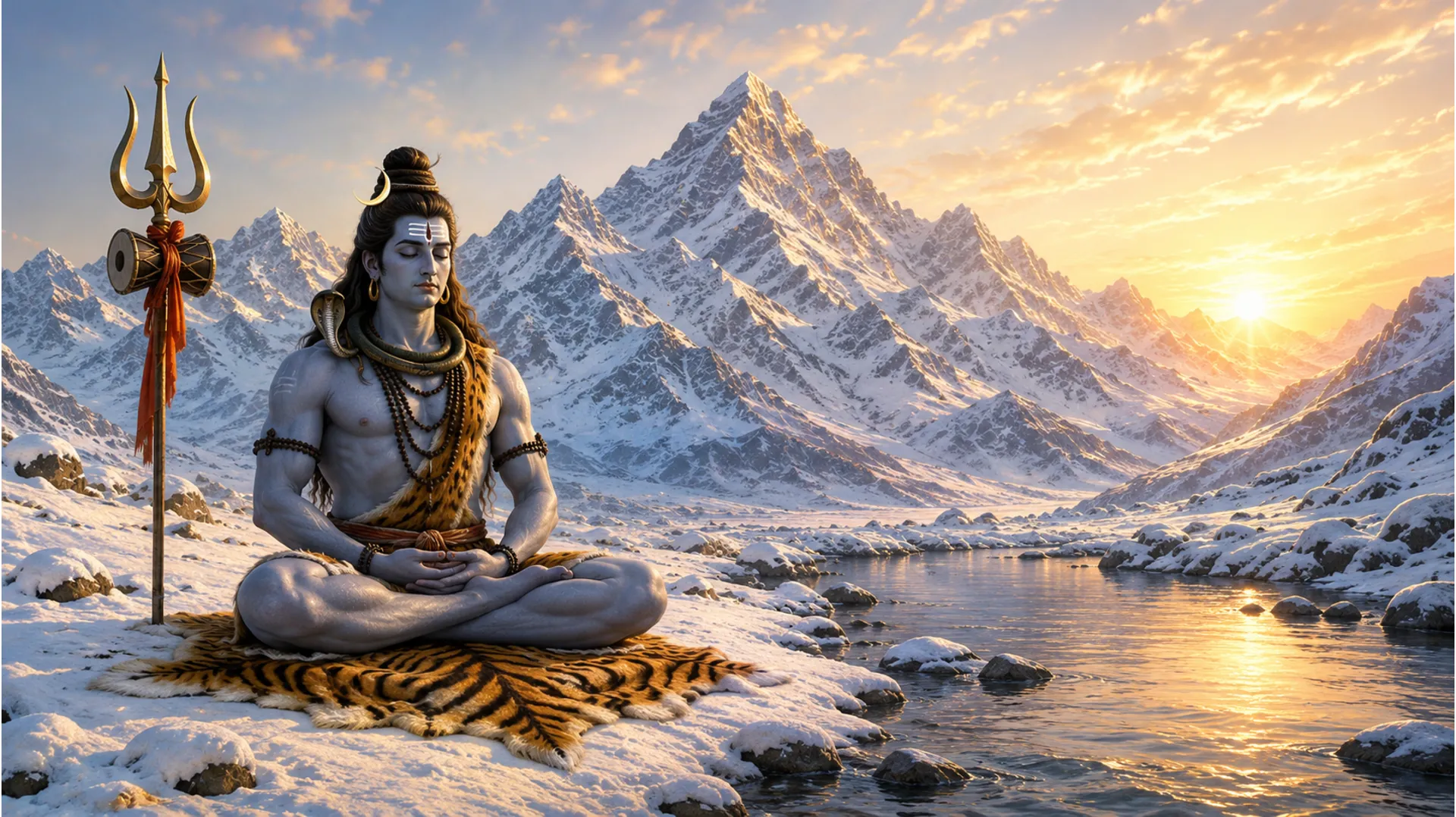 Lord Shiva meditating in snow-covered mountains with a trident beside him at sunrise