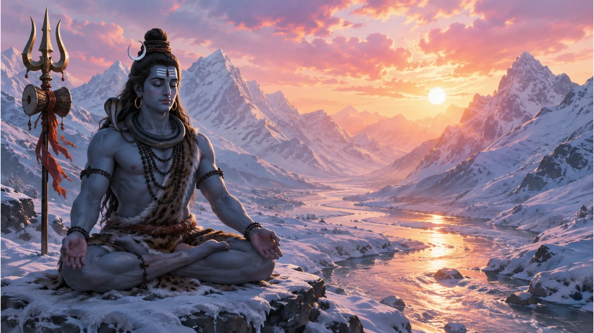 Lord Shiva sitting in meditation with a trident next to him on a snow-covered mountain peak at sunrise.