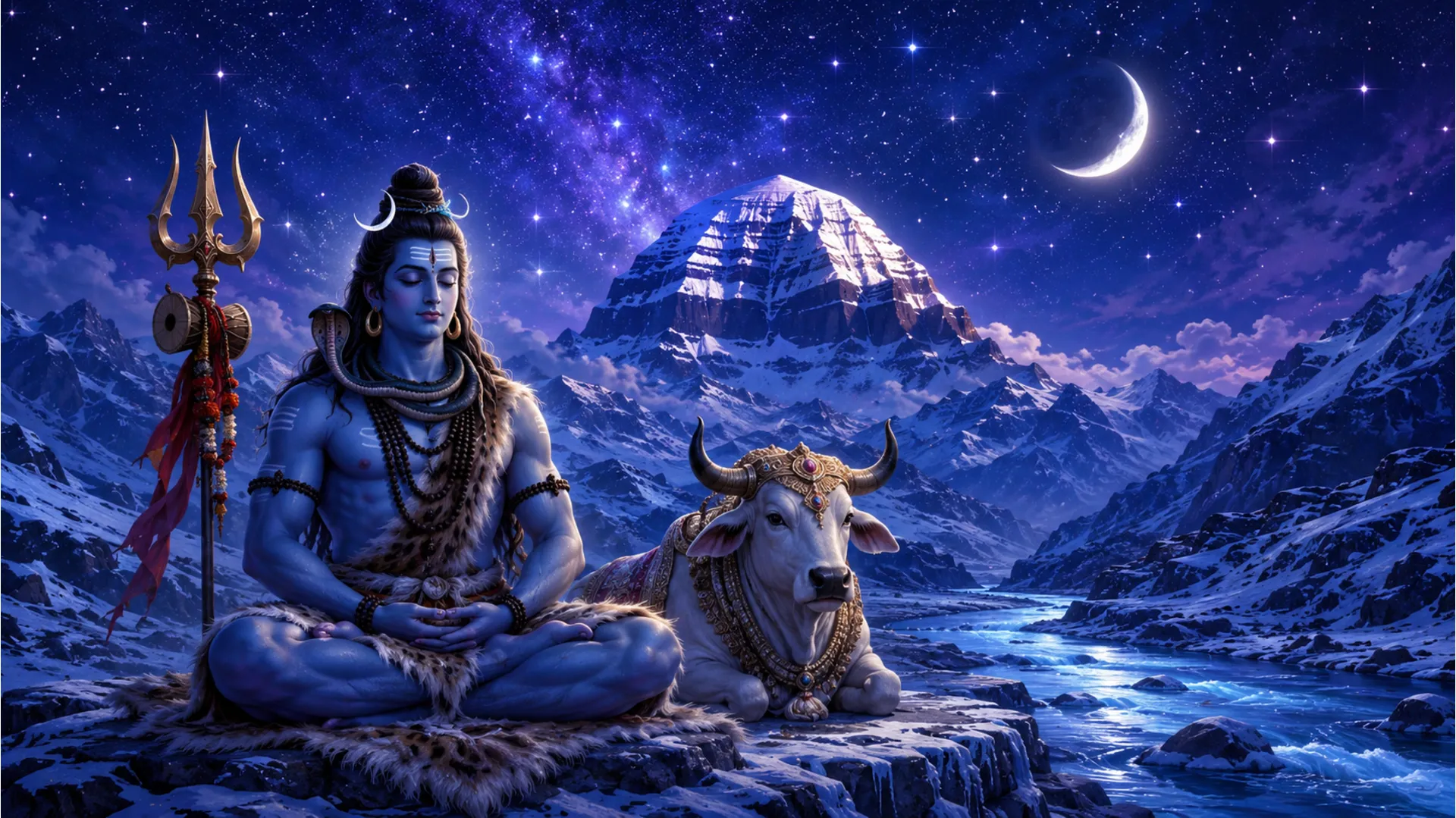 Lord Shiva meditating beside his sacred bull under a vibrant starry night sky in Mount Kailash.