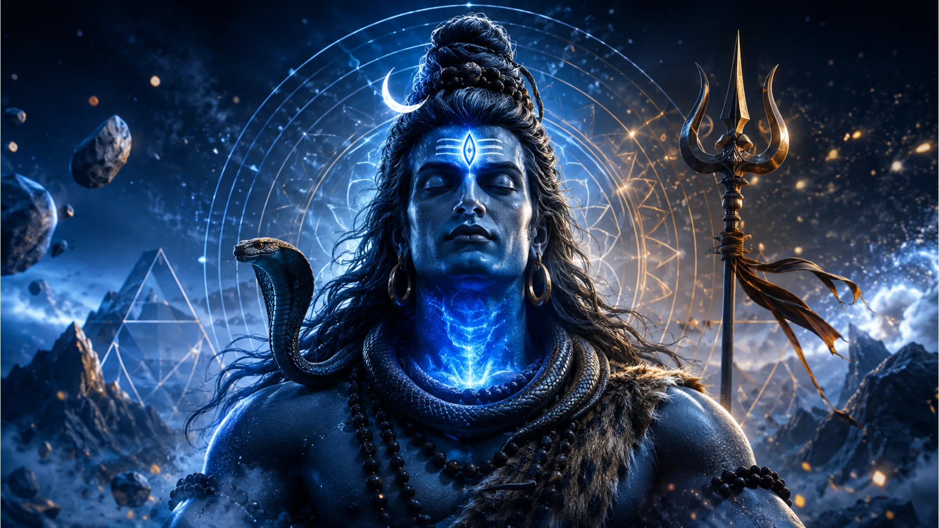 Modern digital art style 1080p HD wallpaper of Lord Shiva with neon details