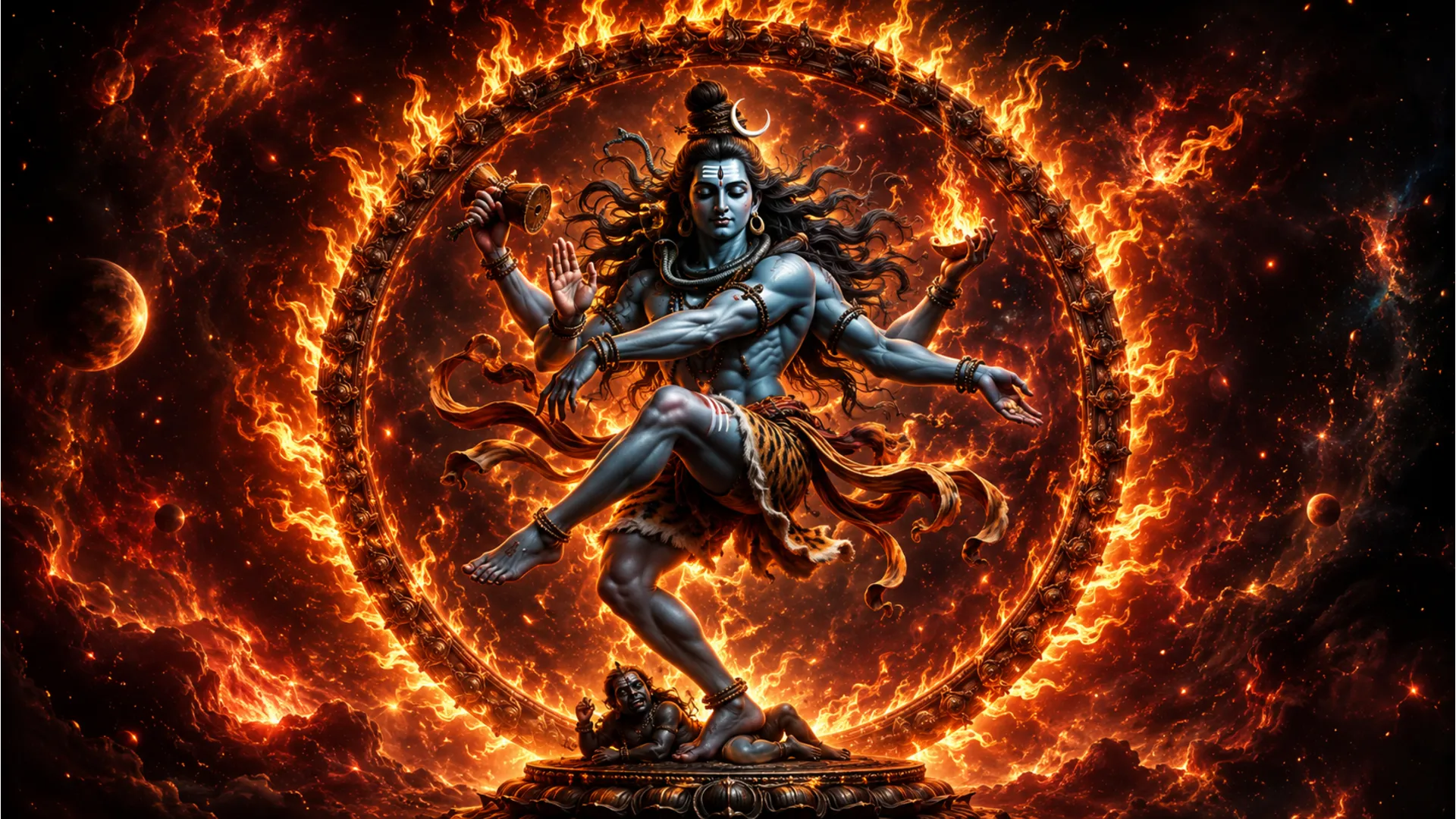 Lord Shiva performing the Nataraja cosmic dance of destruction and creation 1080p HD wallpaper.