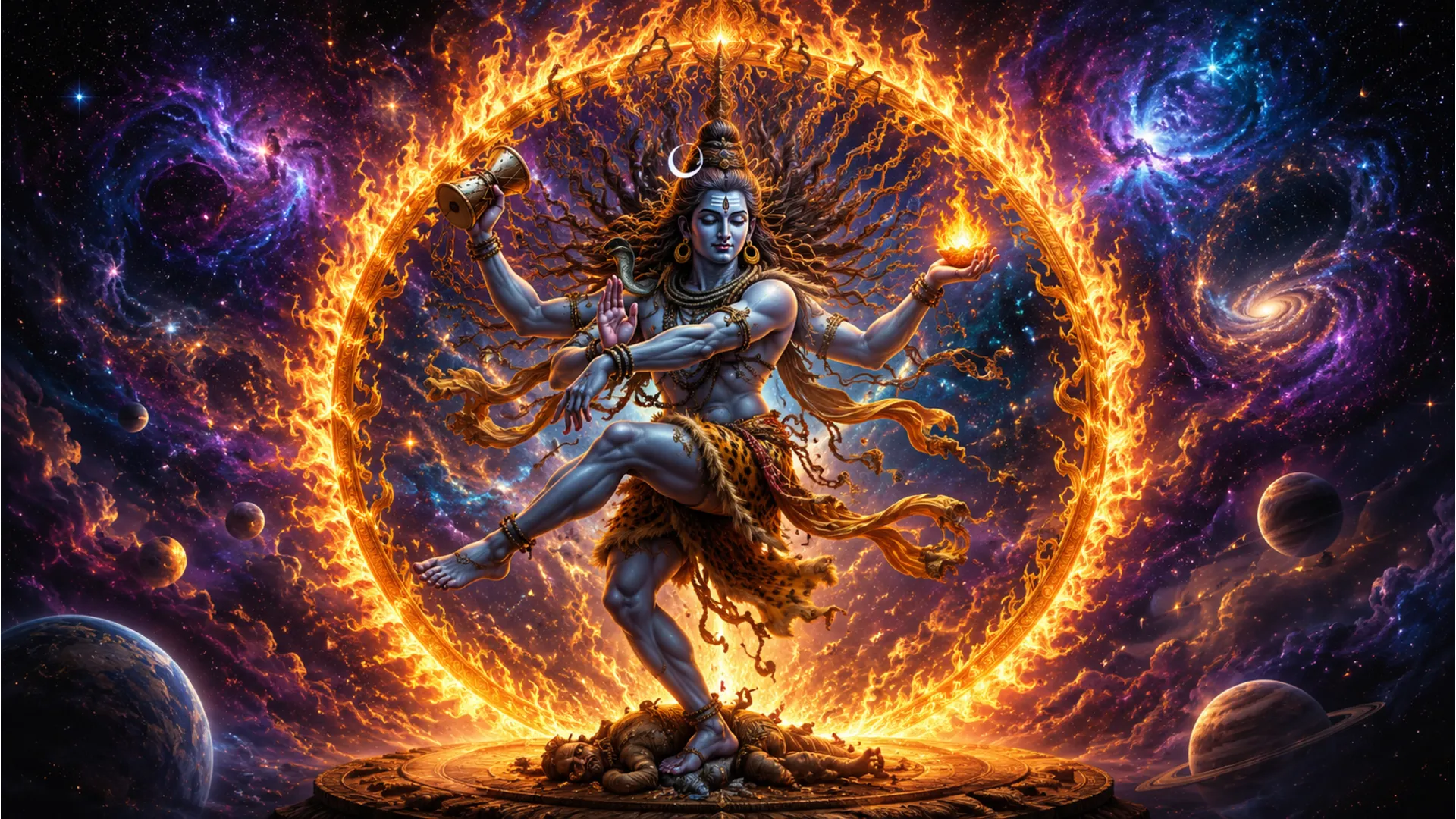 Lord Shiva performing the cosmic Tandava dance surrounded by a ring of cosmic fire in 1080p.
