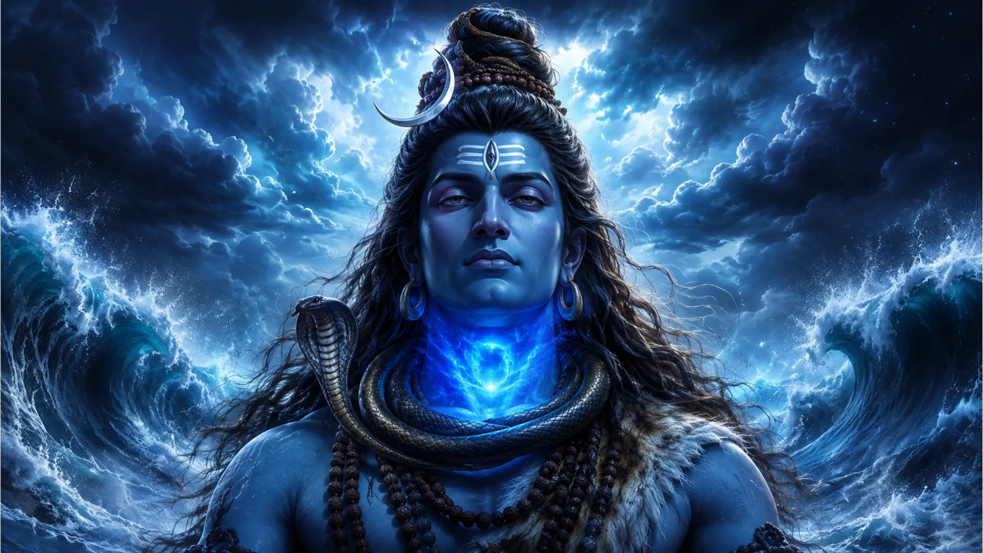 Lord Shiva as Neelkanth with blue throat holding glowing poison 1080p HD wallpaper
