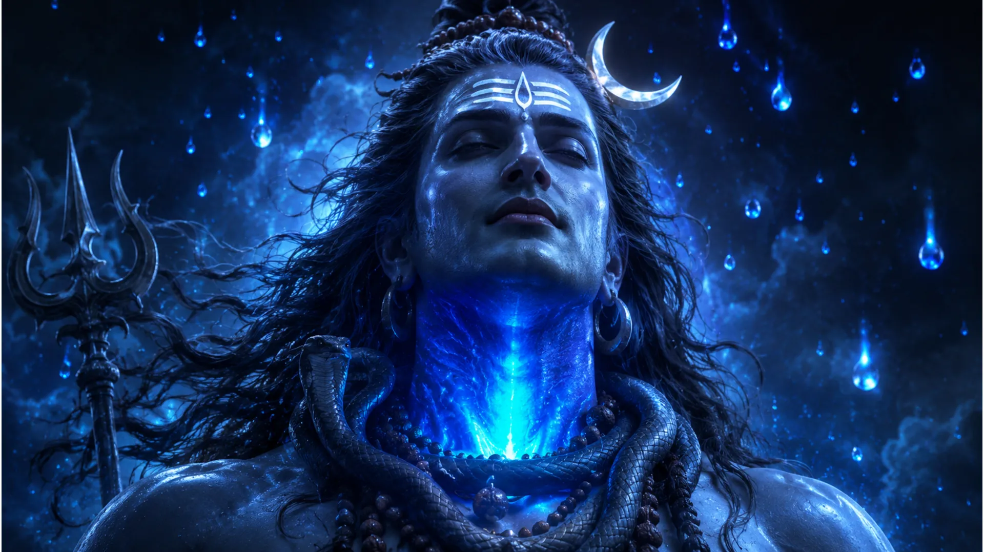 Lord Shiva with a glowing blue throat after consuming the Halahala poison during Samudra Manthan.