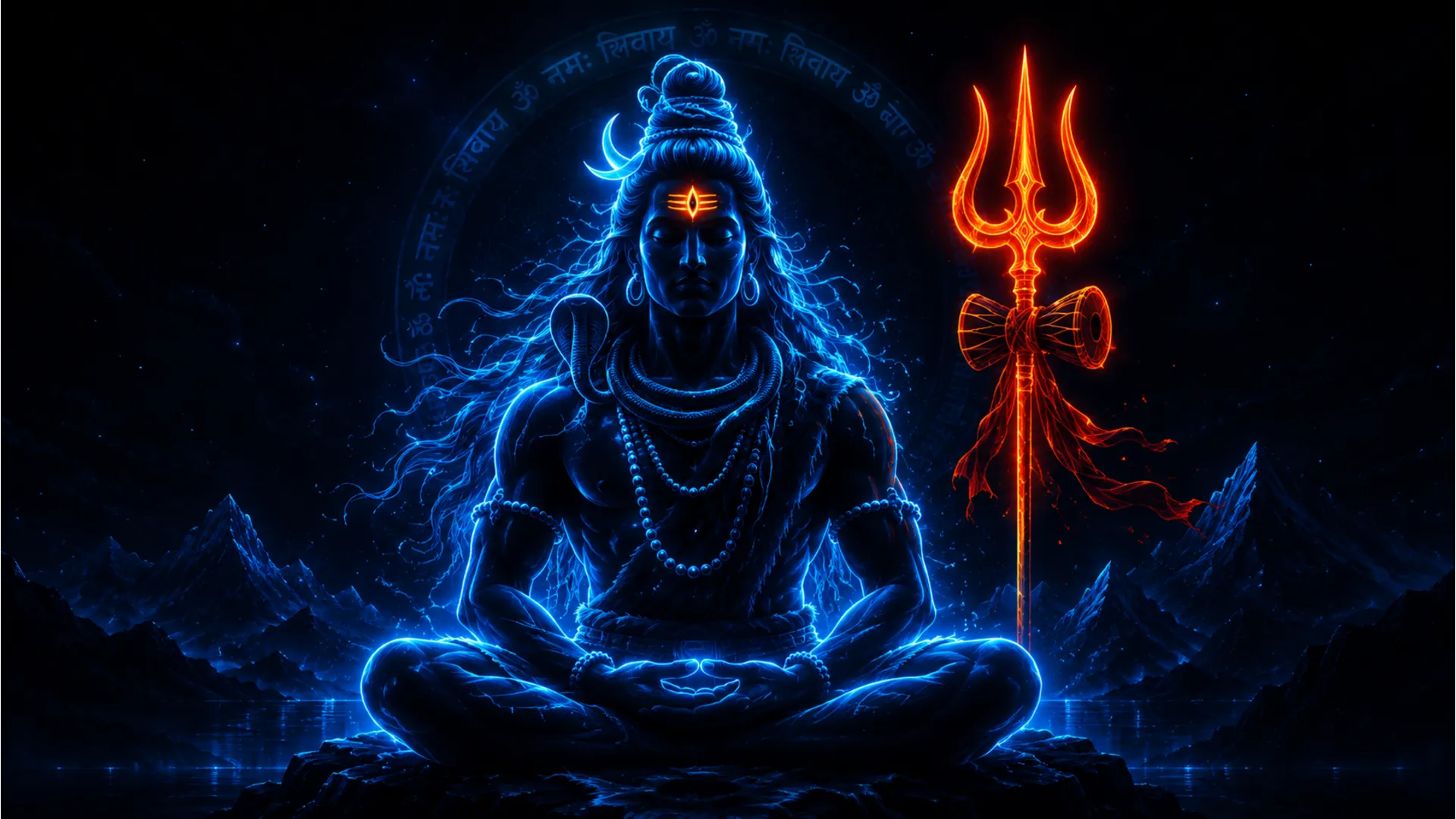 Lord Shiva digital art with bright neon blue and orange cyber-spiritual design lines.