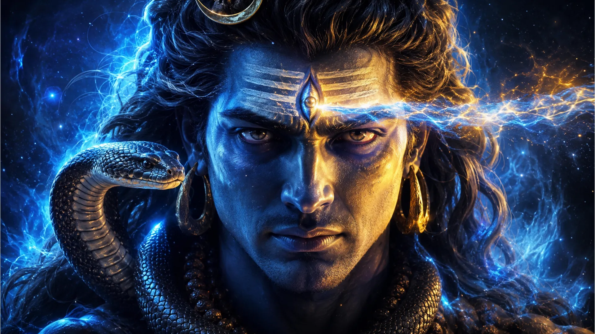 Close-up of Lord Shiva with his third eye glowing with cosmic energy 1080p HD wallpaper.