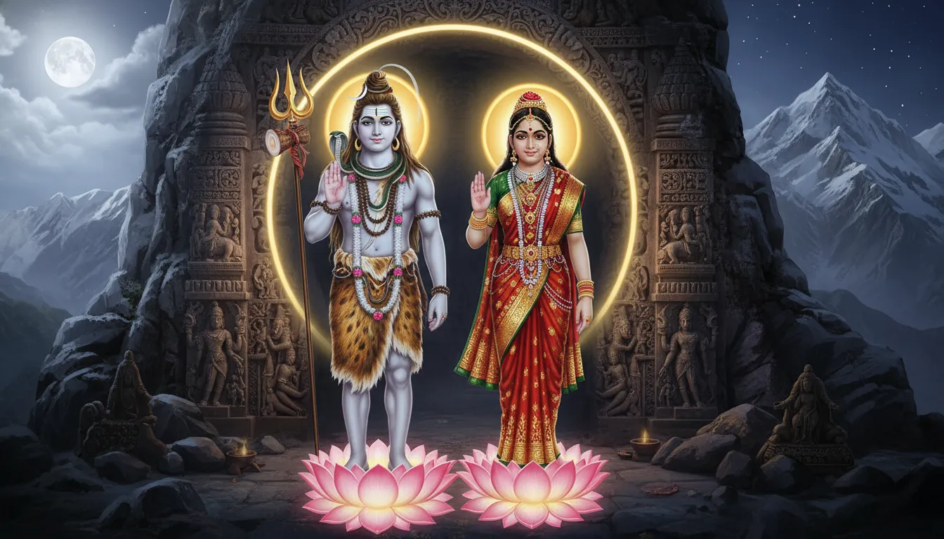 Lord Shiva and Parvati standing together, raising their hands in the Abhaya Mudra (blessing).