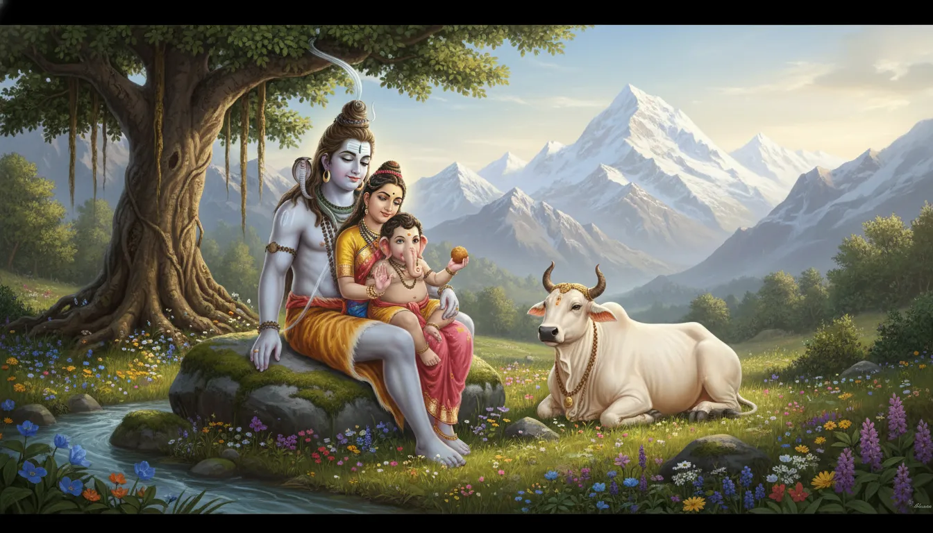Lord Shiva, Goddess Parvati, young Lord Ganesha, and Nandi the bull in a peaceful setting.