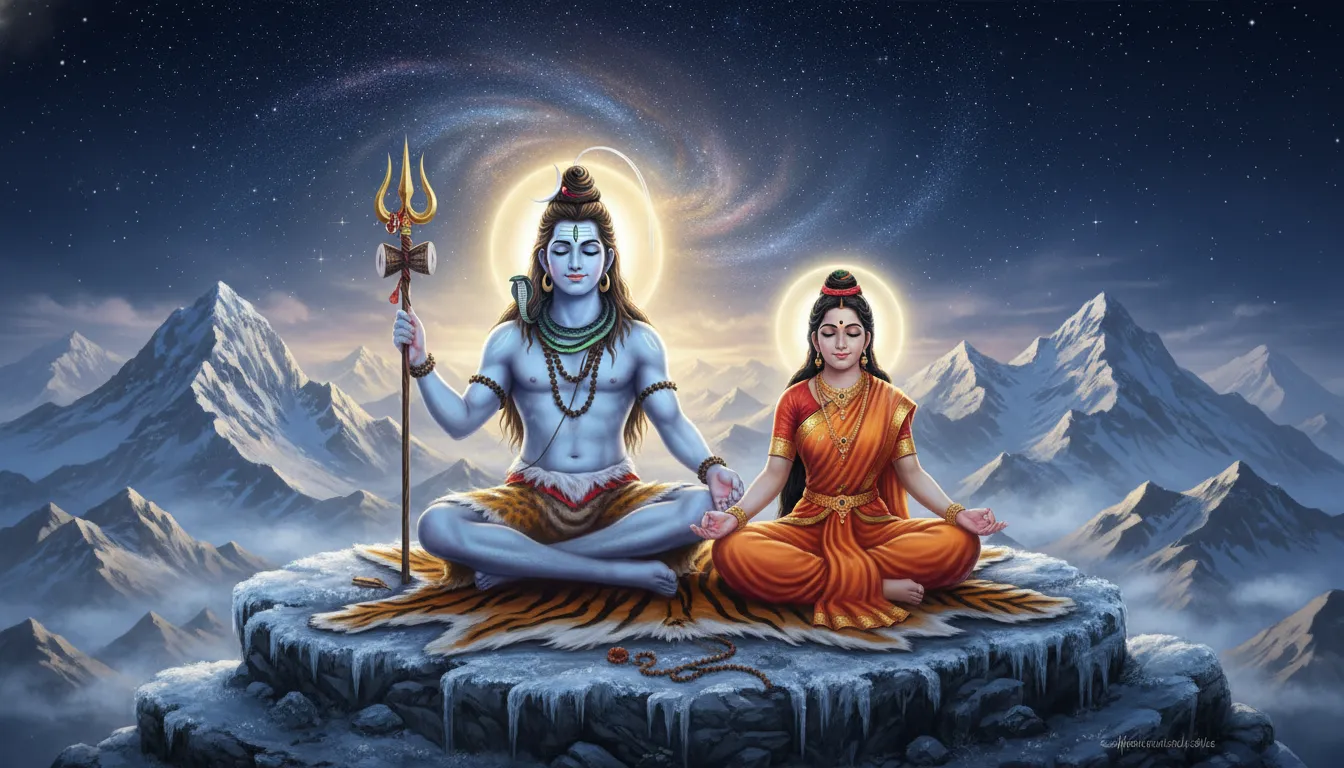Lord Shiva and Goddess Parvati in deep meditation on snow-capped Mount Kailash.