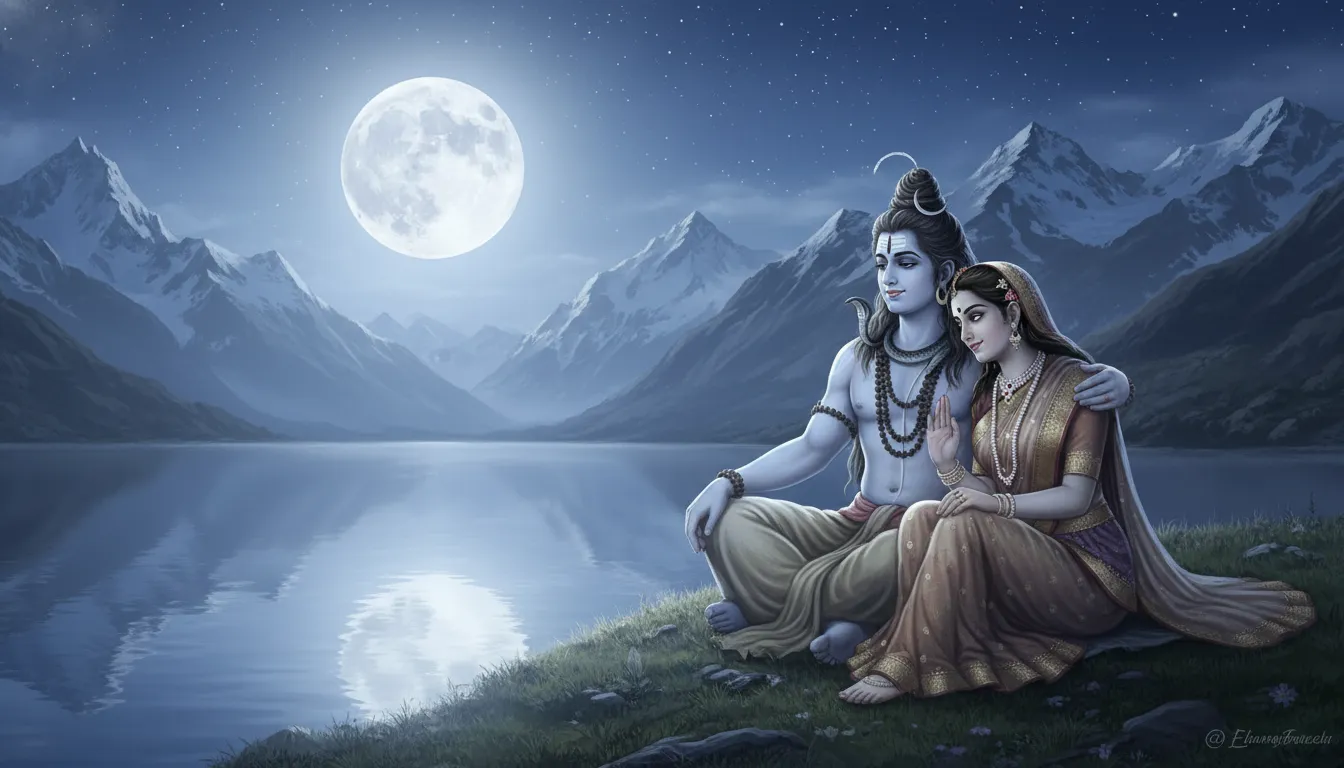 A loving and gentle depiction of Lord Shiva and Goddess Parvati under a full moon.