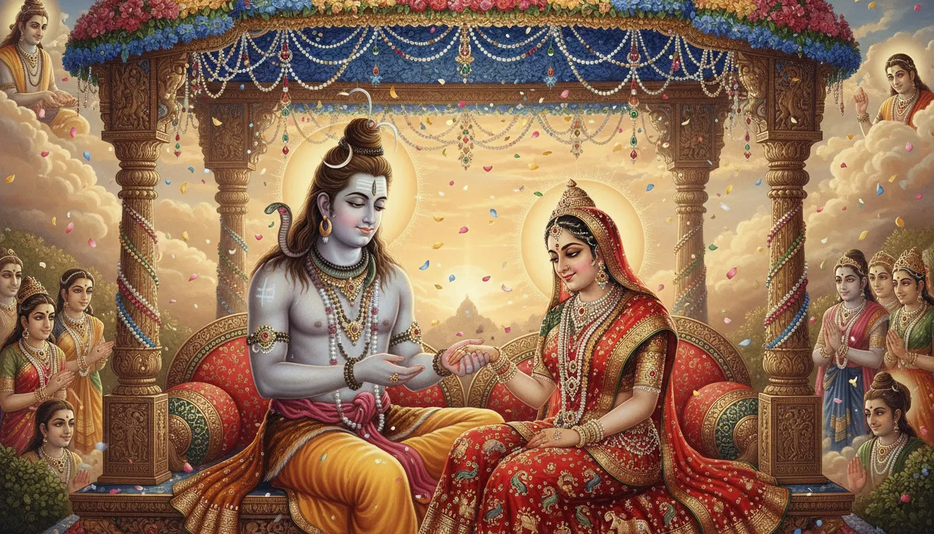The celestial wedding ceremony of Lord Shiva and Goddess Parvati with flowers.