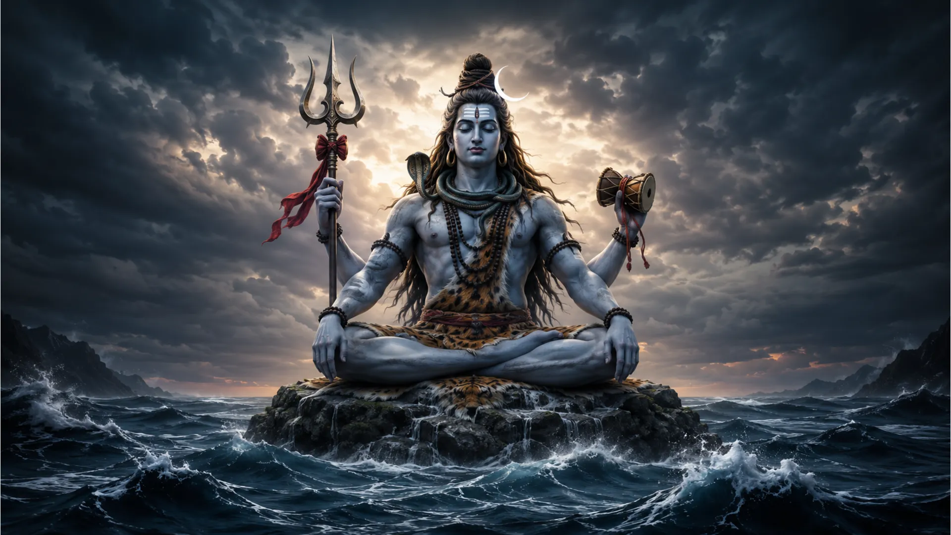 Lord Shiva seated above ocean waves holding symbolic objects in a dramatic sea scene