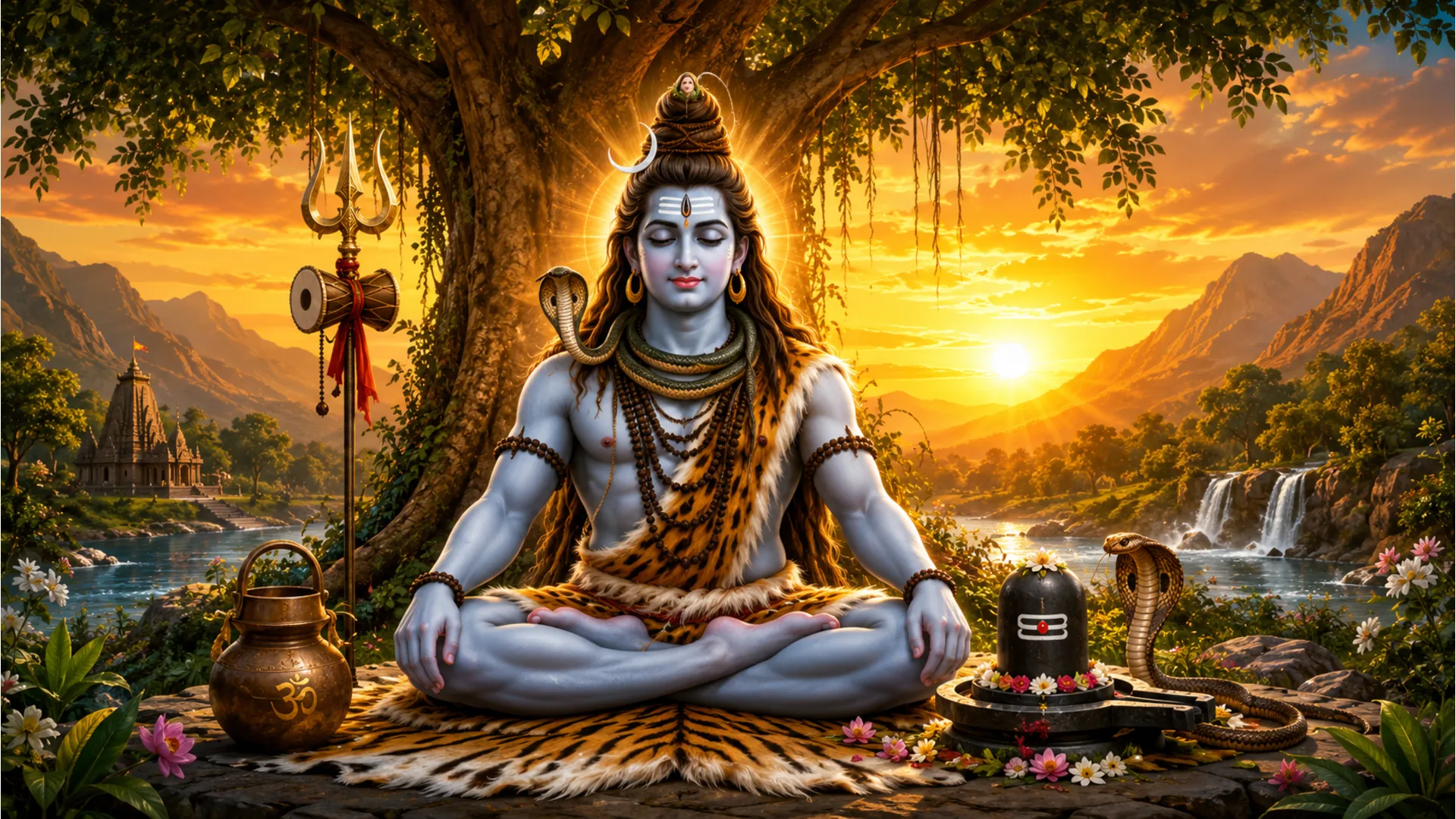 Lord Shiva seated in meditation with trident, cobra, sacred lingam, and glowing tree background