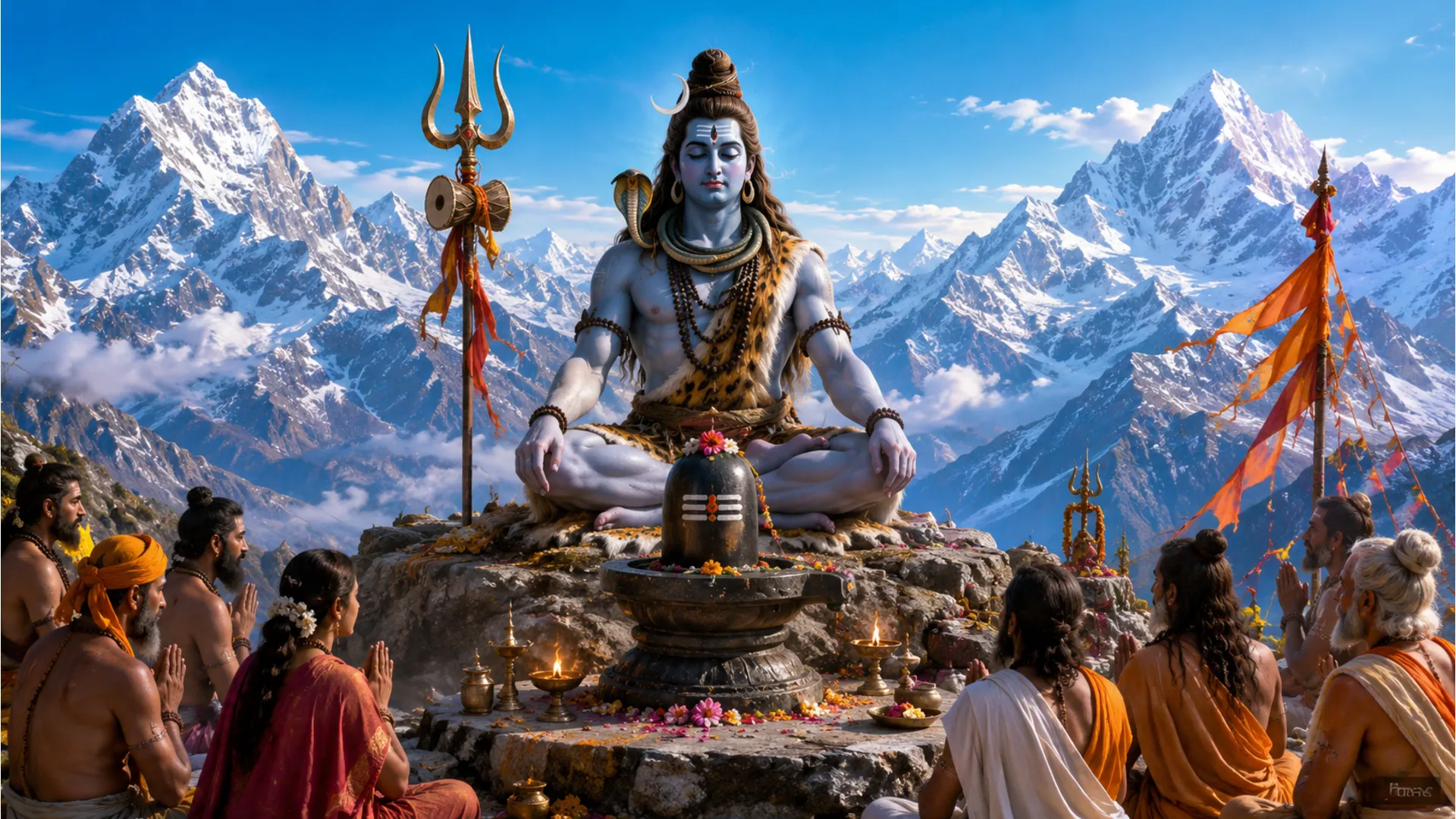 Lord Shiva seated on a rocky mountain with a trident, sacred lingam, and devotional figures in a bright landscape