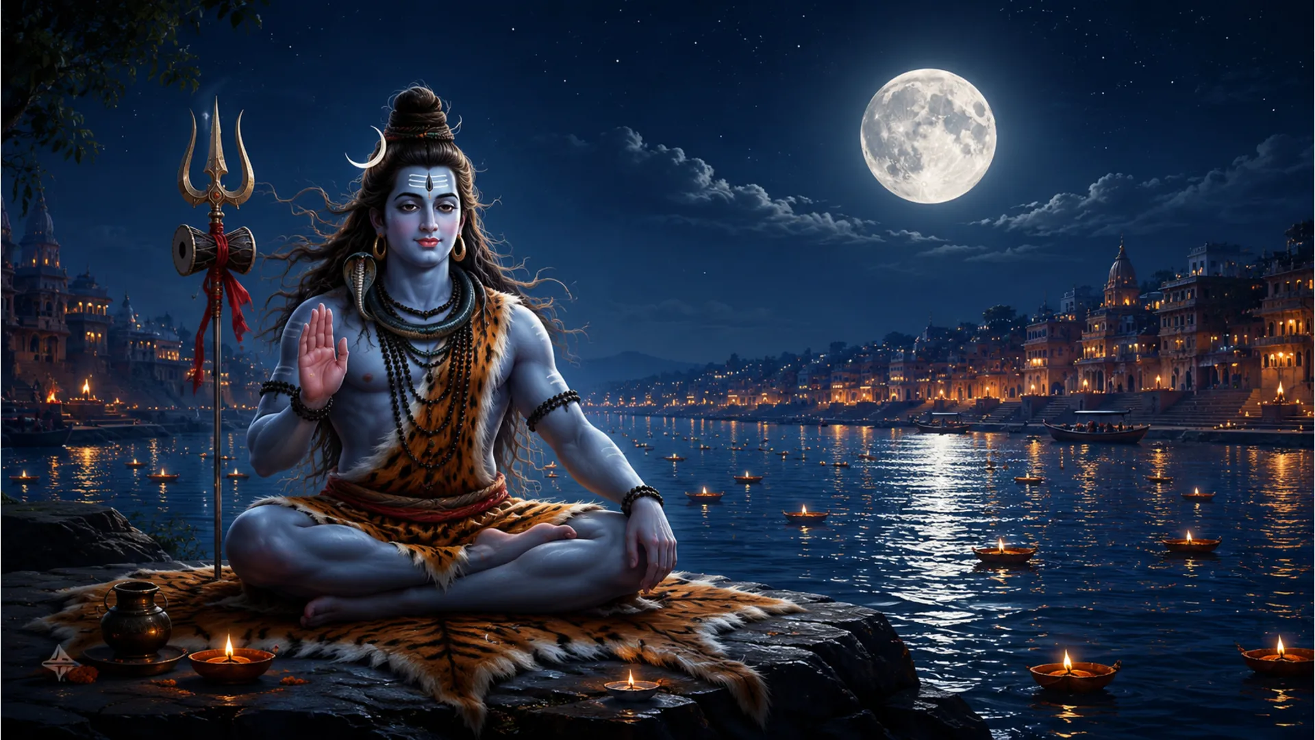 Lord Shiva sitting calmly by the banks of the Ganga river under a full moon night sky.