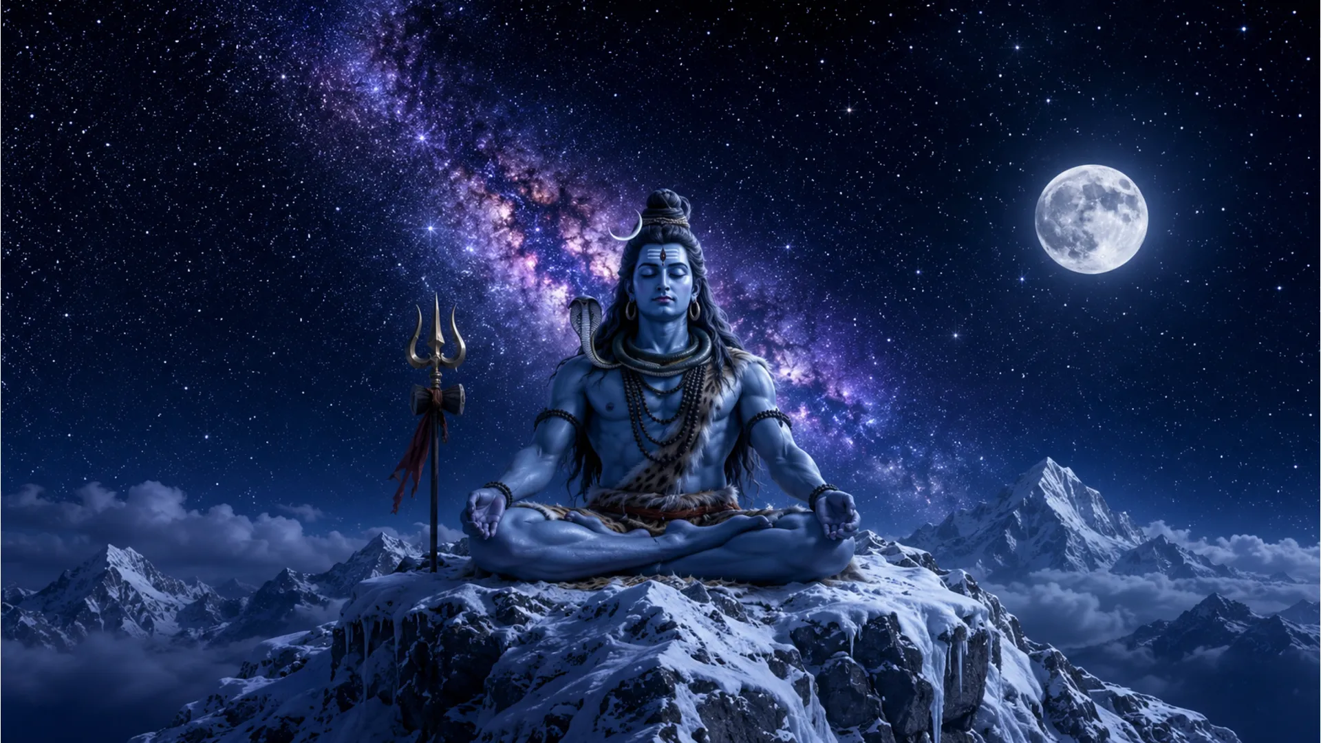 Lord Shiva sitting on top of Mount Kailash under a starry night sky, full HD wallpaper.