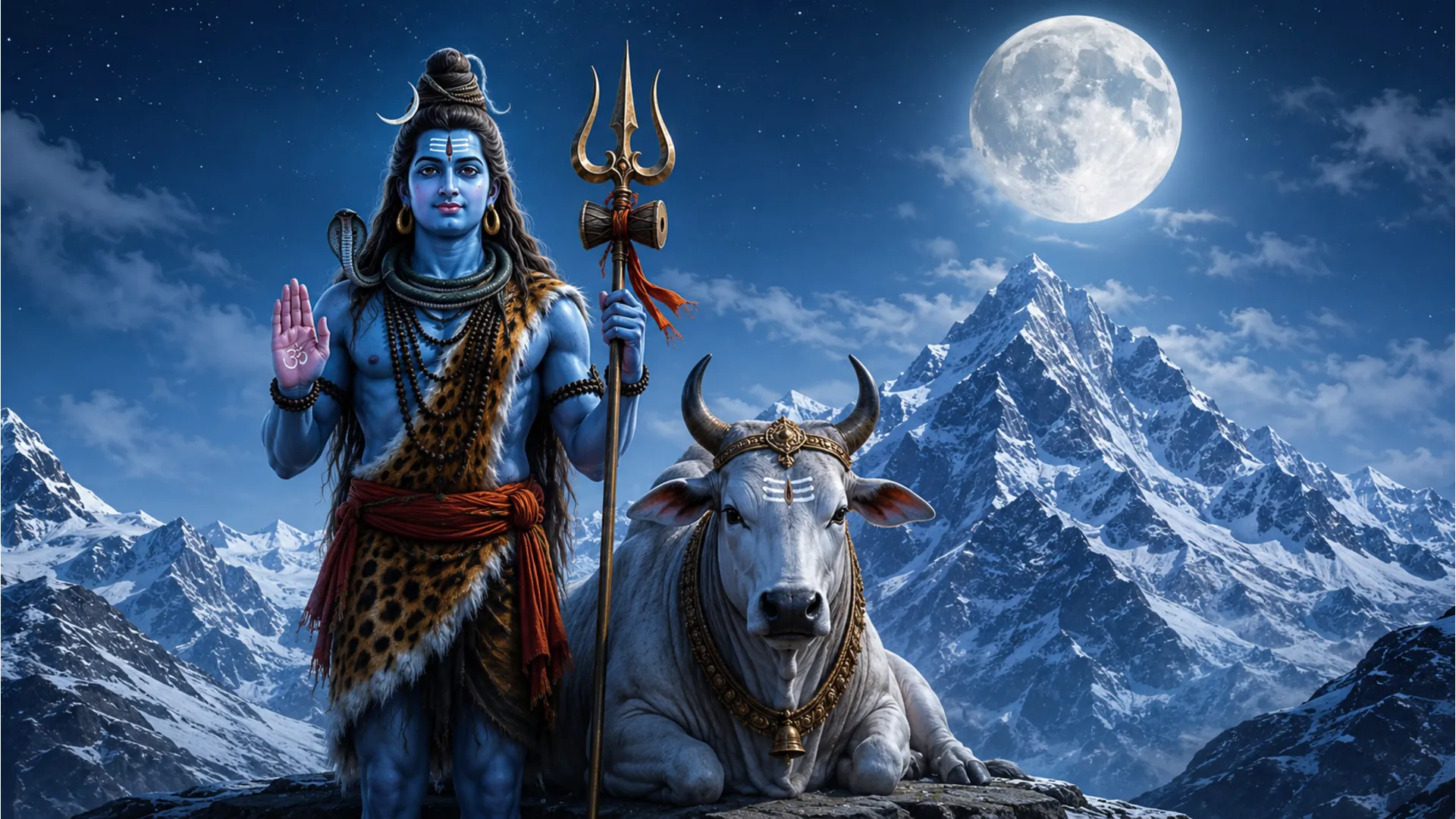 Blue-skinned deity holding a trident beside a decorated bull under a full moon in snowy mountains
