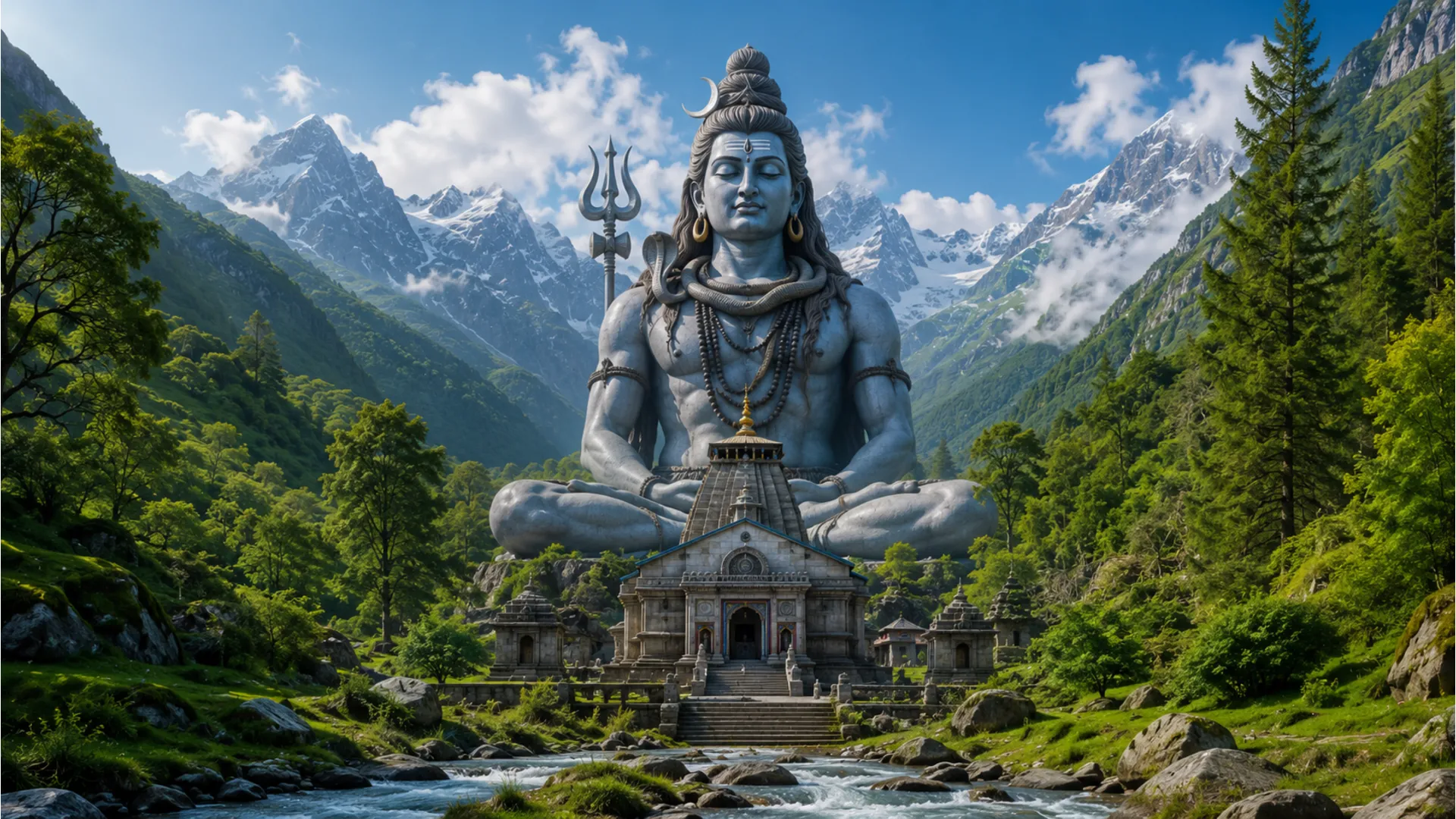 Lord Shiva statue beside a temple structure in a lush green mountain valley