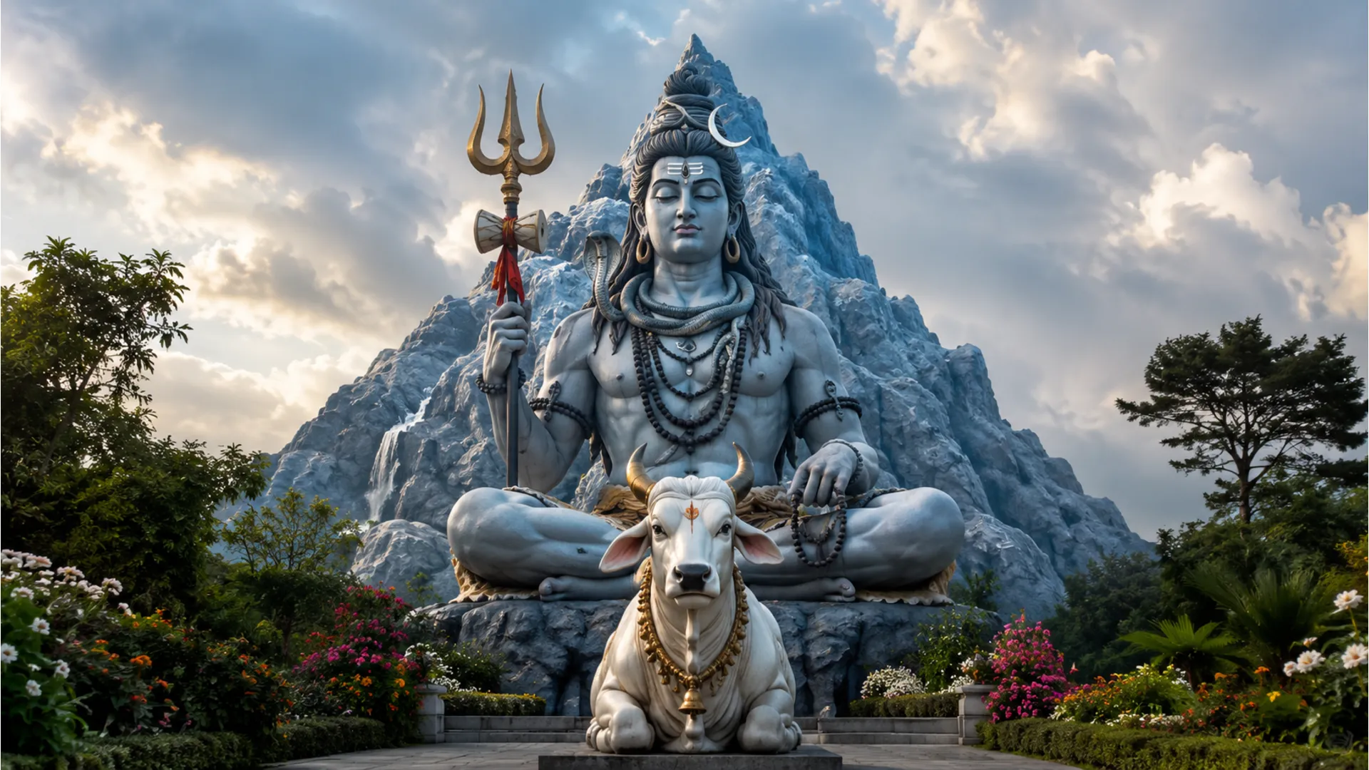 A large statue of Lord Shiva sits behind a white Nandi bull statue in a garden setting.