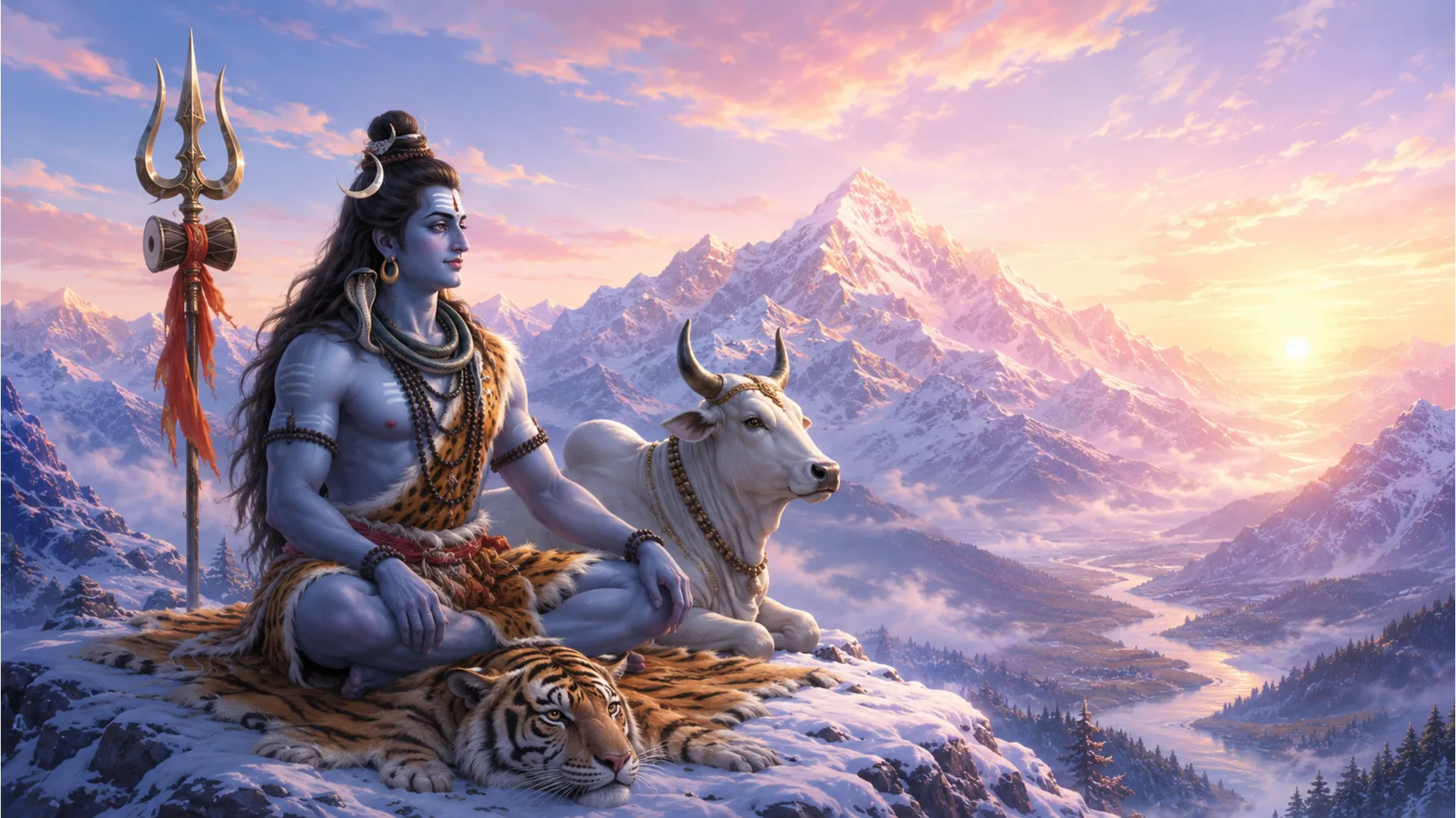 Lord Shiva opening his eyes in deep meditation beside a decorated bull during a misty mountain sunrise.