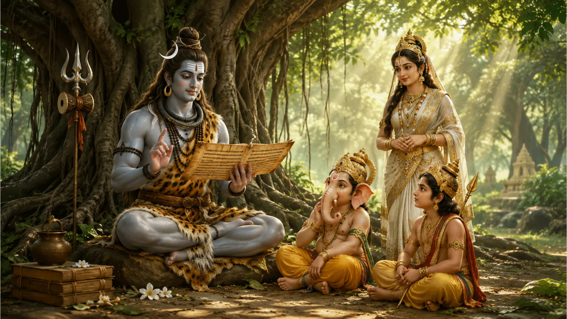 Lord Shiva reading an ancient palm leaf scripture to Ganesha and Kartikeya