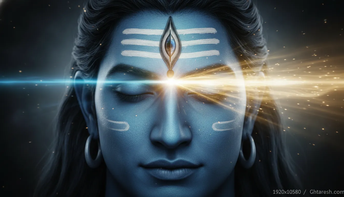 Close up portrait of Lord Shiva with the third eye opening in glowing neon light