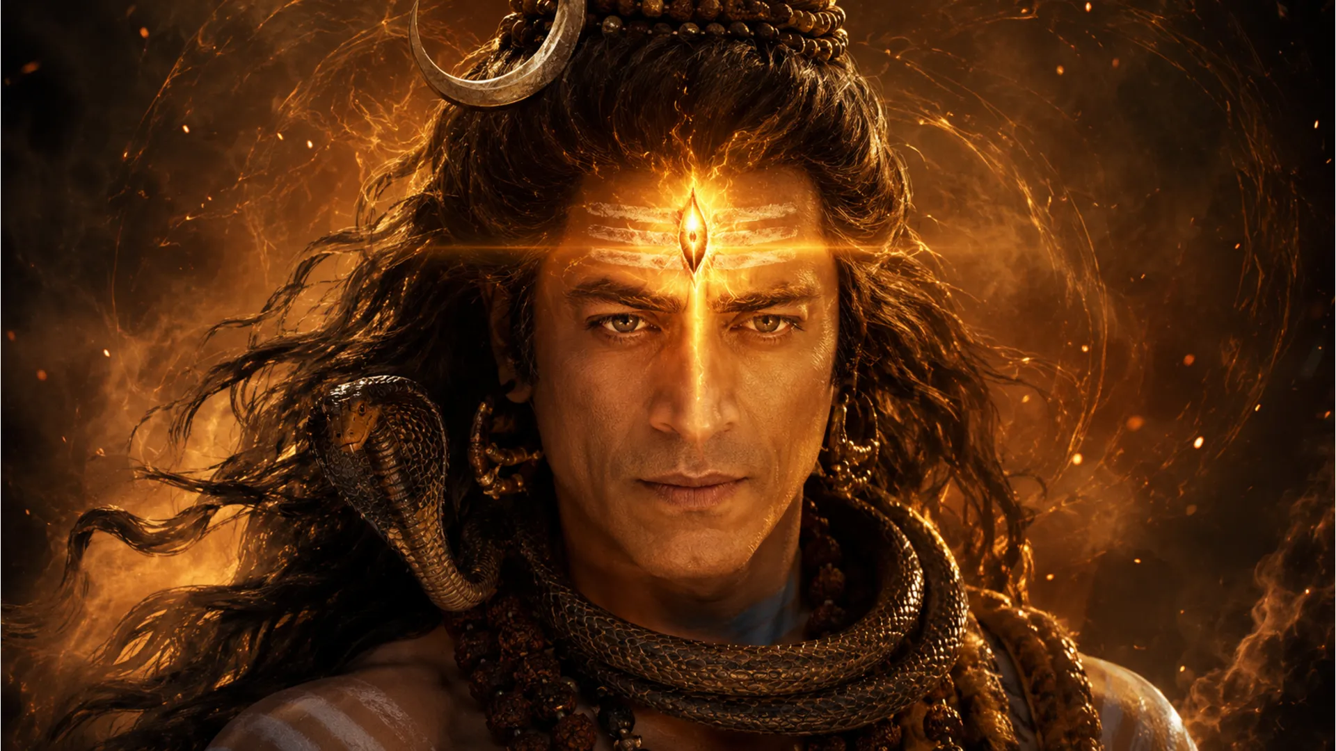 Dramatic photo of Mohit Raina as Mahadev with his glowing third eye opening on his forehead.