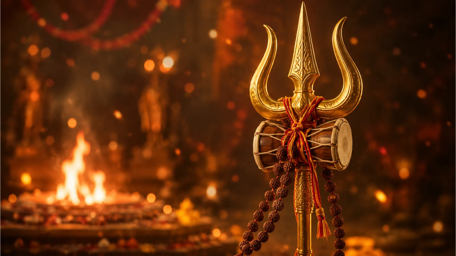 Close up HD wallpaper of Lord Shiva's Trishul with Damru and holy thread.