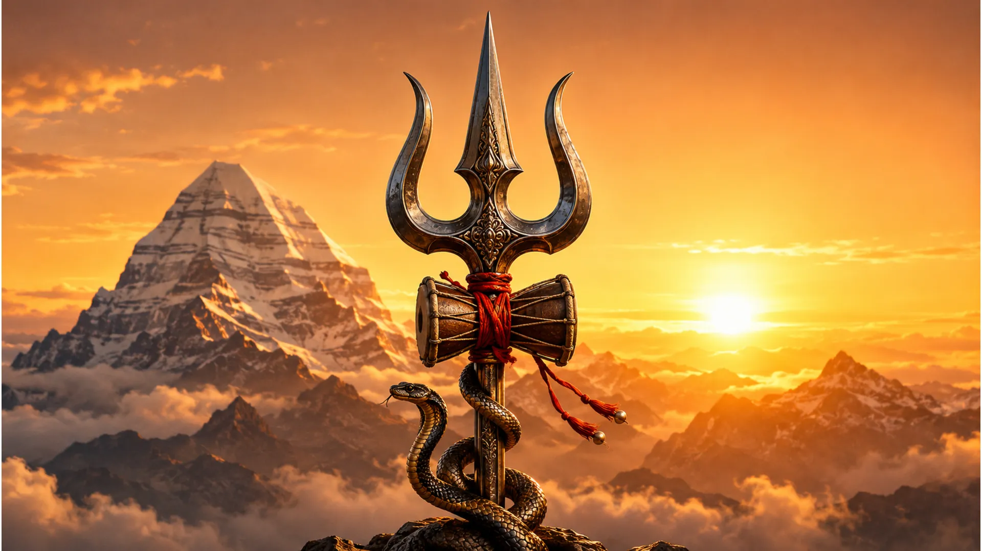 Silhouette of Lord Shiva's Trishul and Damru against a vibrant spiritual sunrise.