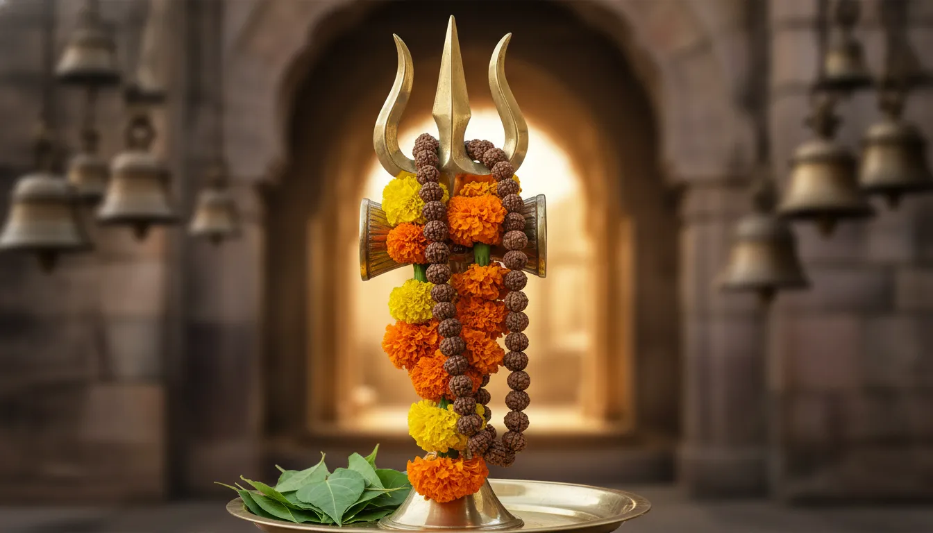 Lord Shiva Trishul with Rudraksha and marigold flowers wallpaper 1080p.