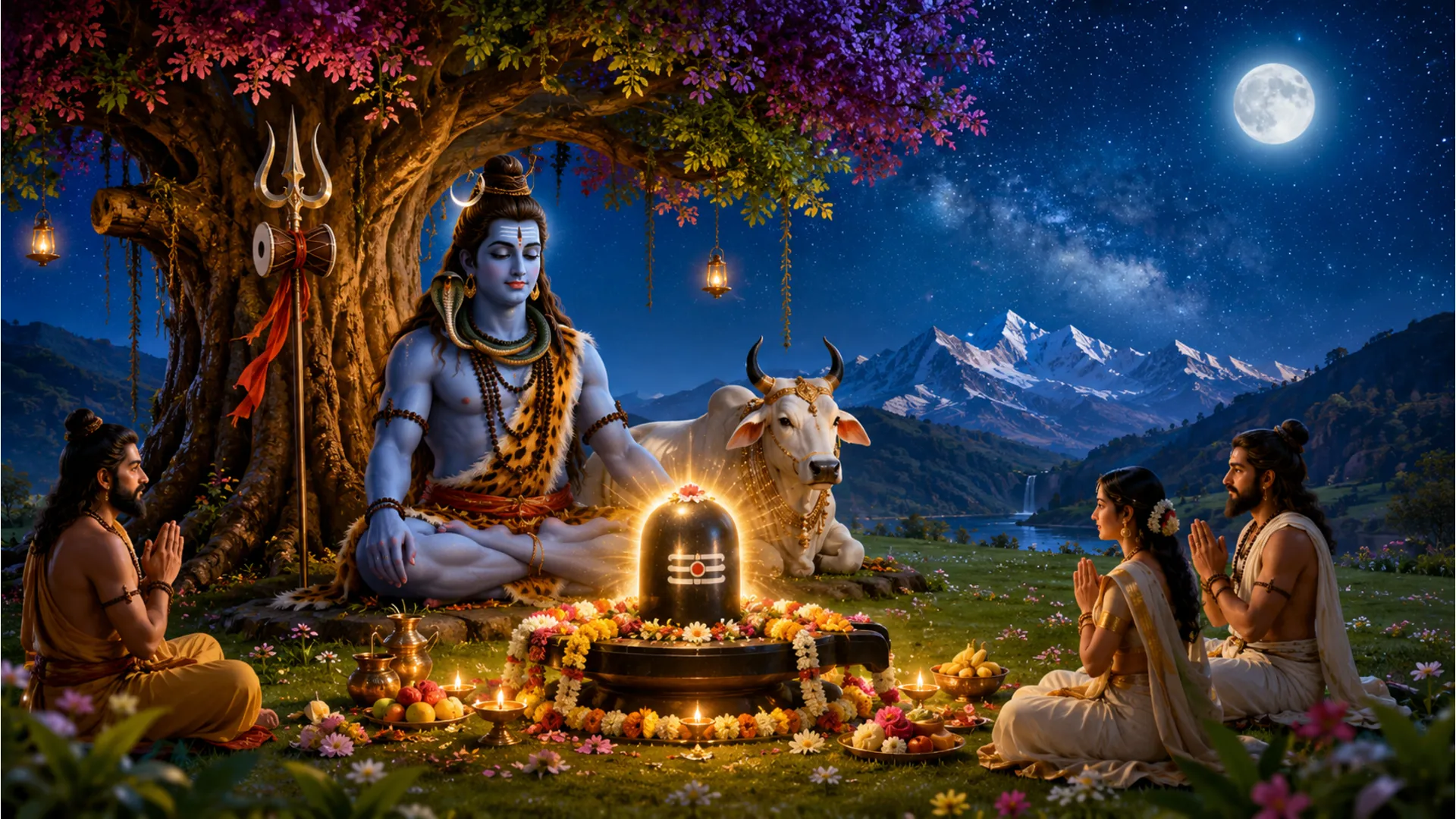 : Lord Shiva seated beneath a colorful tree with sacred lingam, bull, and devotional figures under a night sky