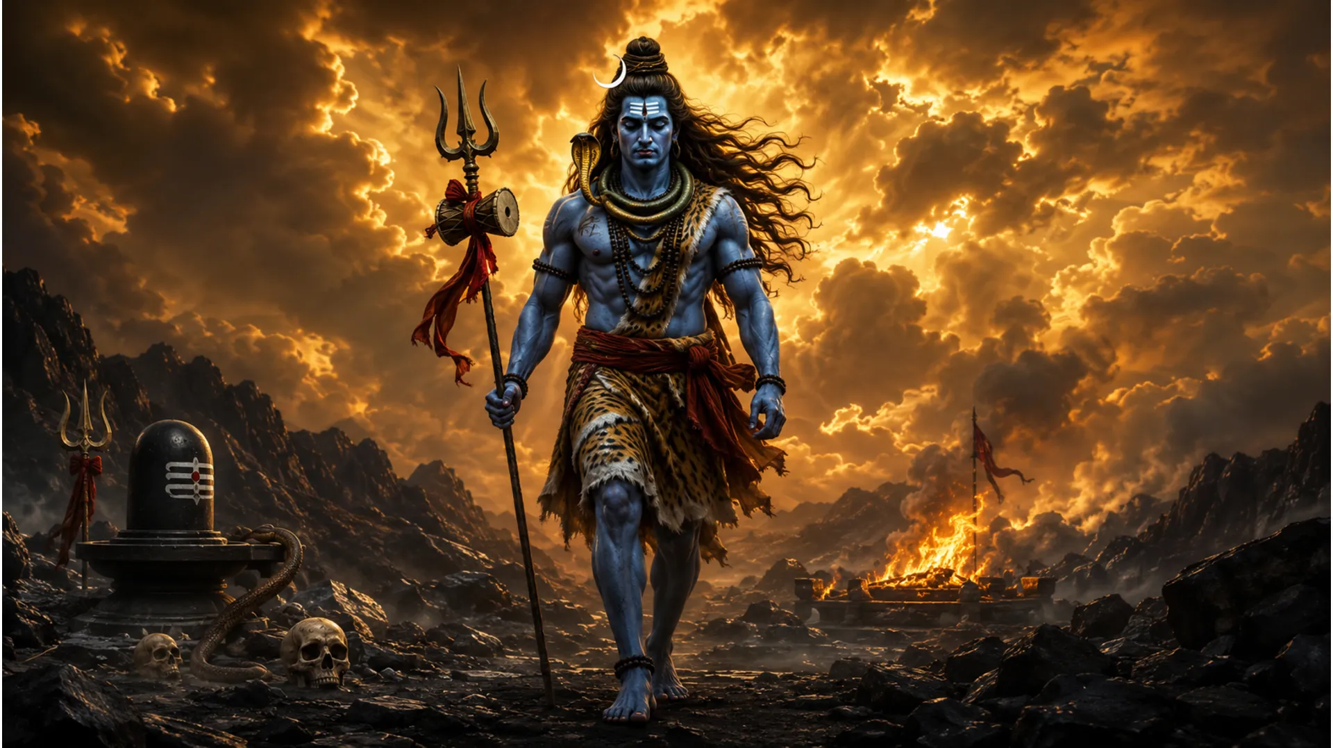 A blue-skinned depiction of Lord Shiva walks across rocky ground under dramatic golden clouds, holding a small drum with a sacred fire and skulls nearby.