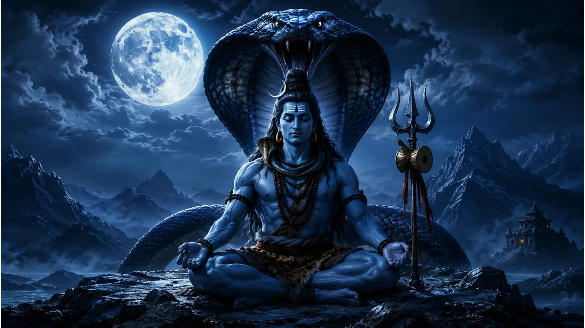 : Lord Shiva meditating in front of a giant serpent illuminated by moonlight.