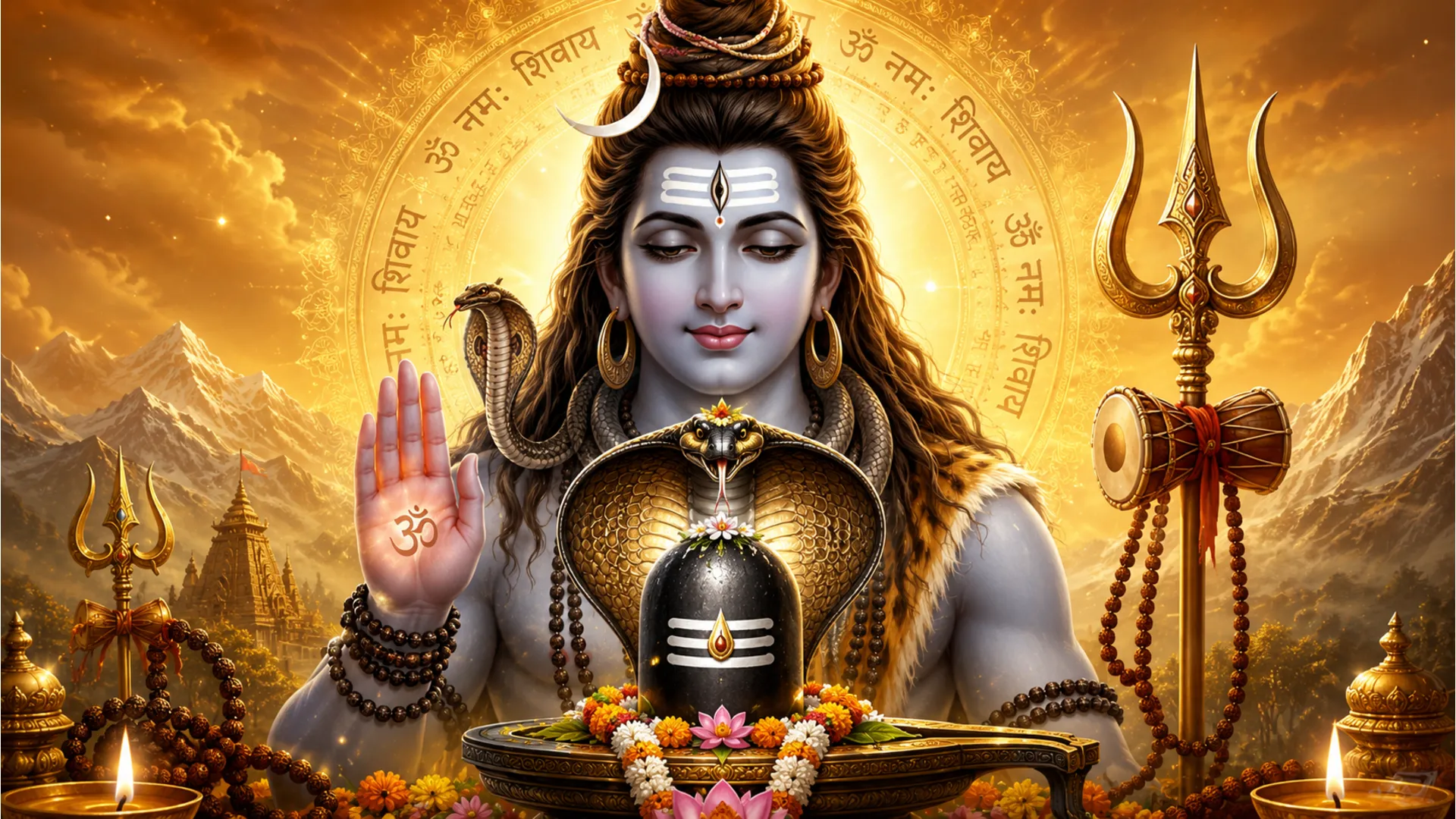 : Lord Shiva standing with Goddess Parvati and a white bull in a mountain valley at golden sunset