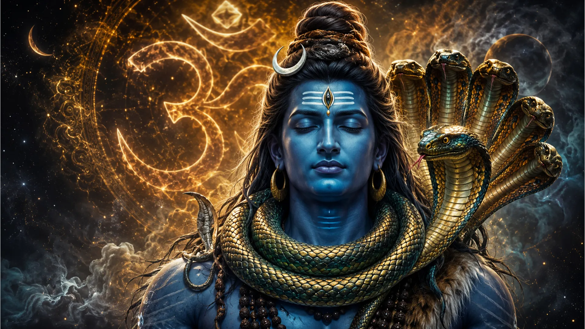 Detailed view of Lord Shiva with the sacred cobra Vasuki around his neck 1080p HD wallpaper.