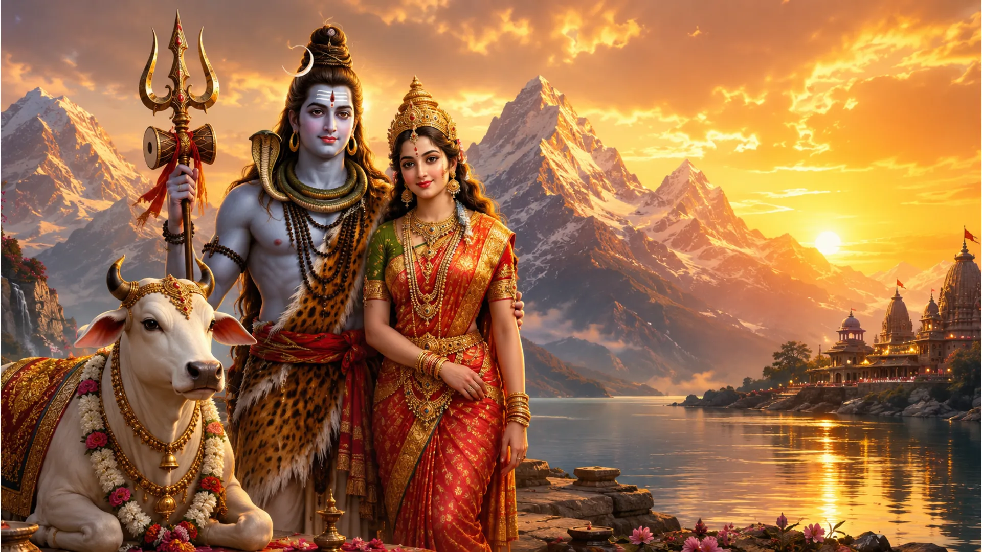 Devotional image of Lord Shiva with a cobra hood, sacred lingam, trident, and blessing hand against a golden background