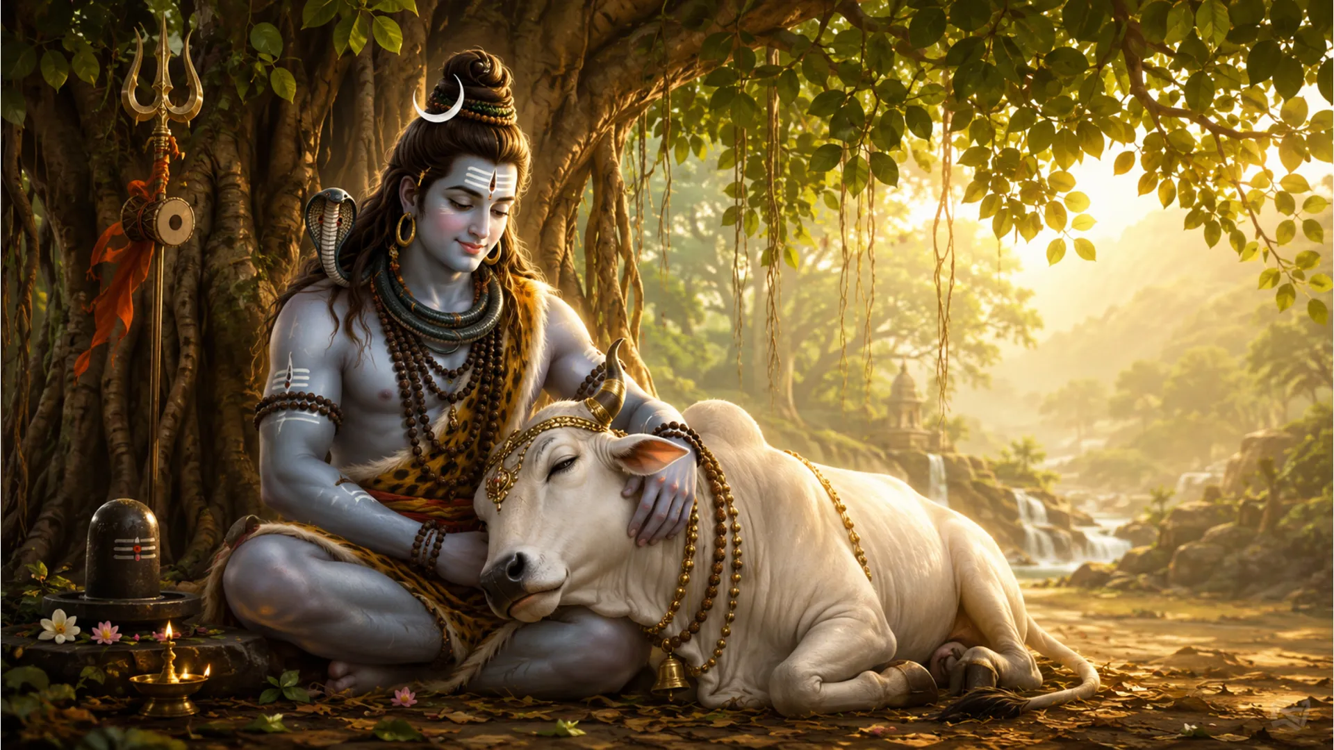 Lord Shiva sitting peacefully next to his divine vehicle Nandi the bull in high definition.
