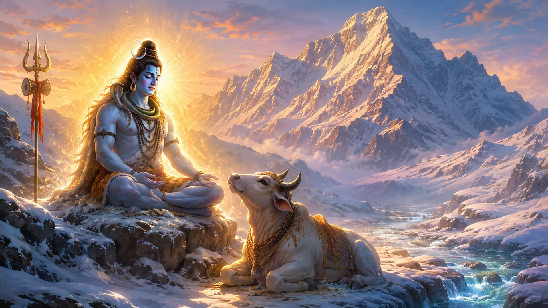 Lord Shiva radiating a soft golden light while meditating next to his sacred bull in the mountains.