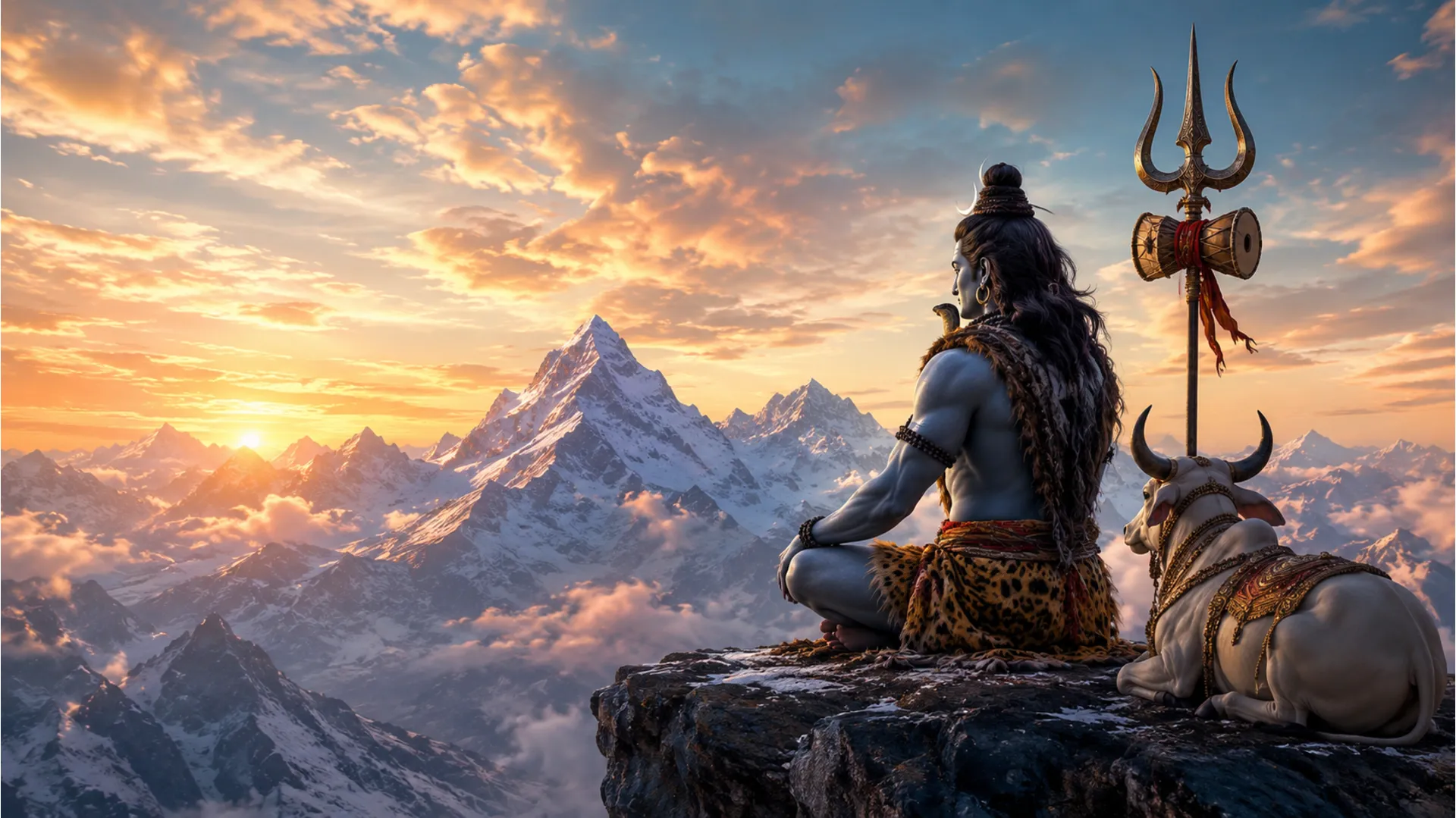 Lord Shiva holding a damru with his sacred bull seated nearby on a majestic snowy cliff.