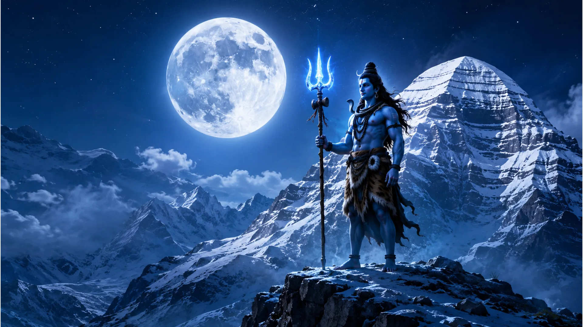Lord Shiva standing with a glowing trident under a full moon night at Mount Kailash.