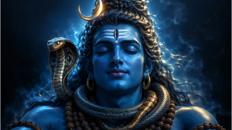 Close-up portrait of Lord Shiva with the sacred cobra Vasuki around his neck.
