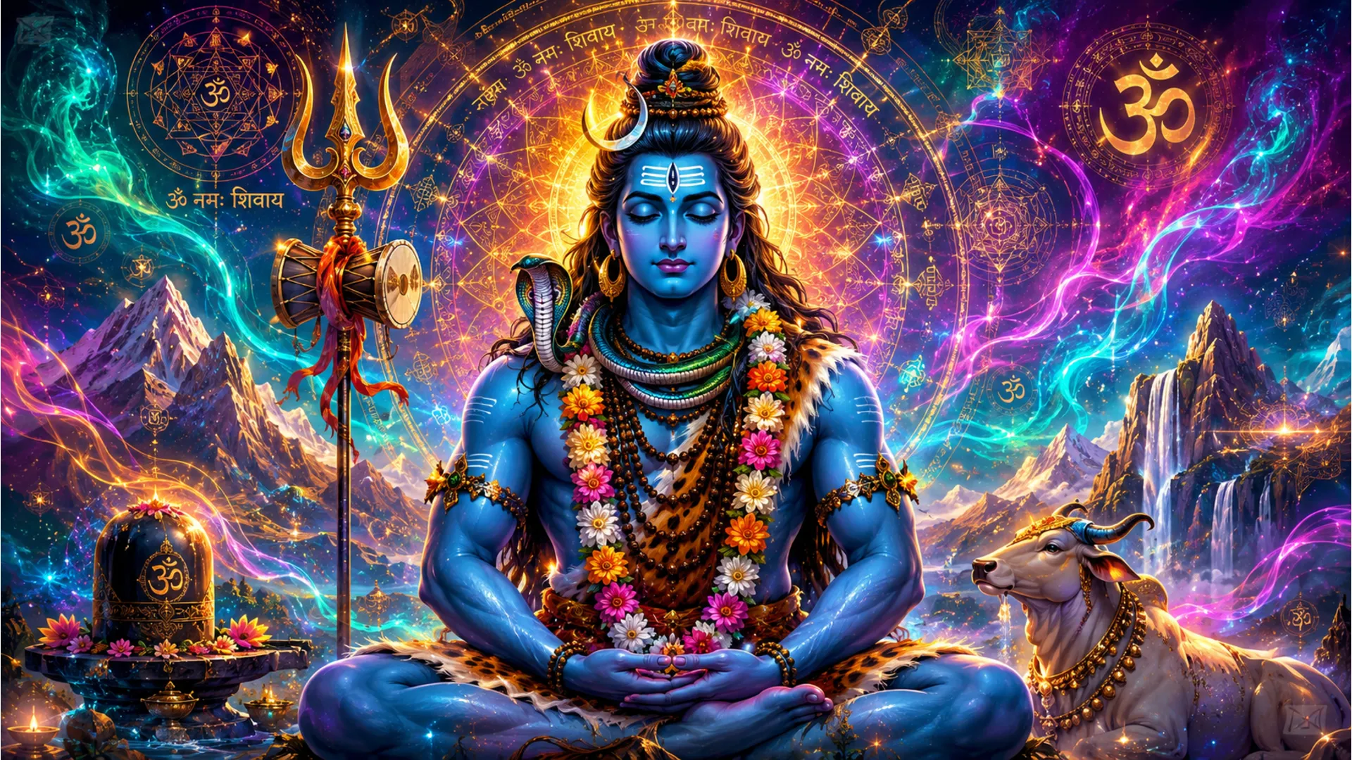 Psycho-spiritual colorful digital art of Lord Shiva in meditation for mobile background.