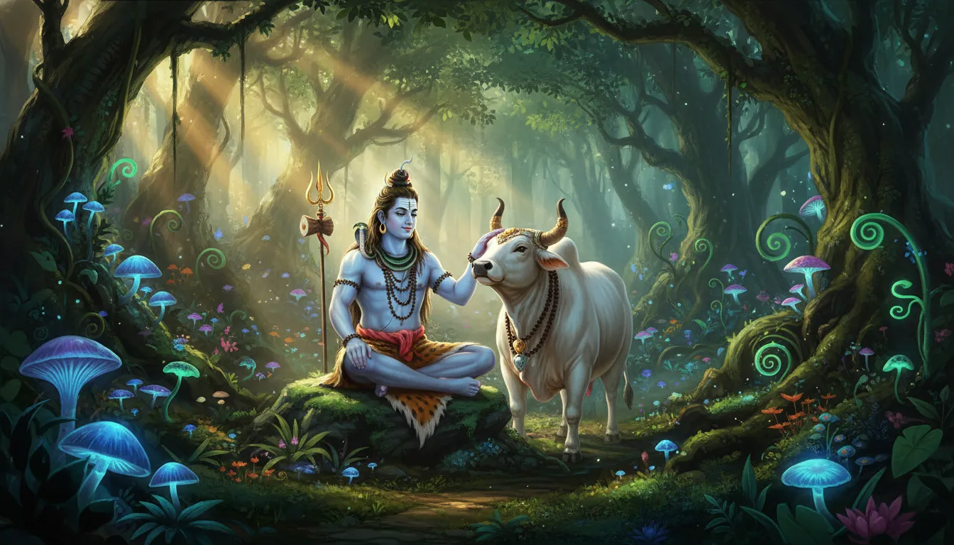 Lord Shiva sitting with his divine vehicle Nandi the bull in a peaceful forest
